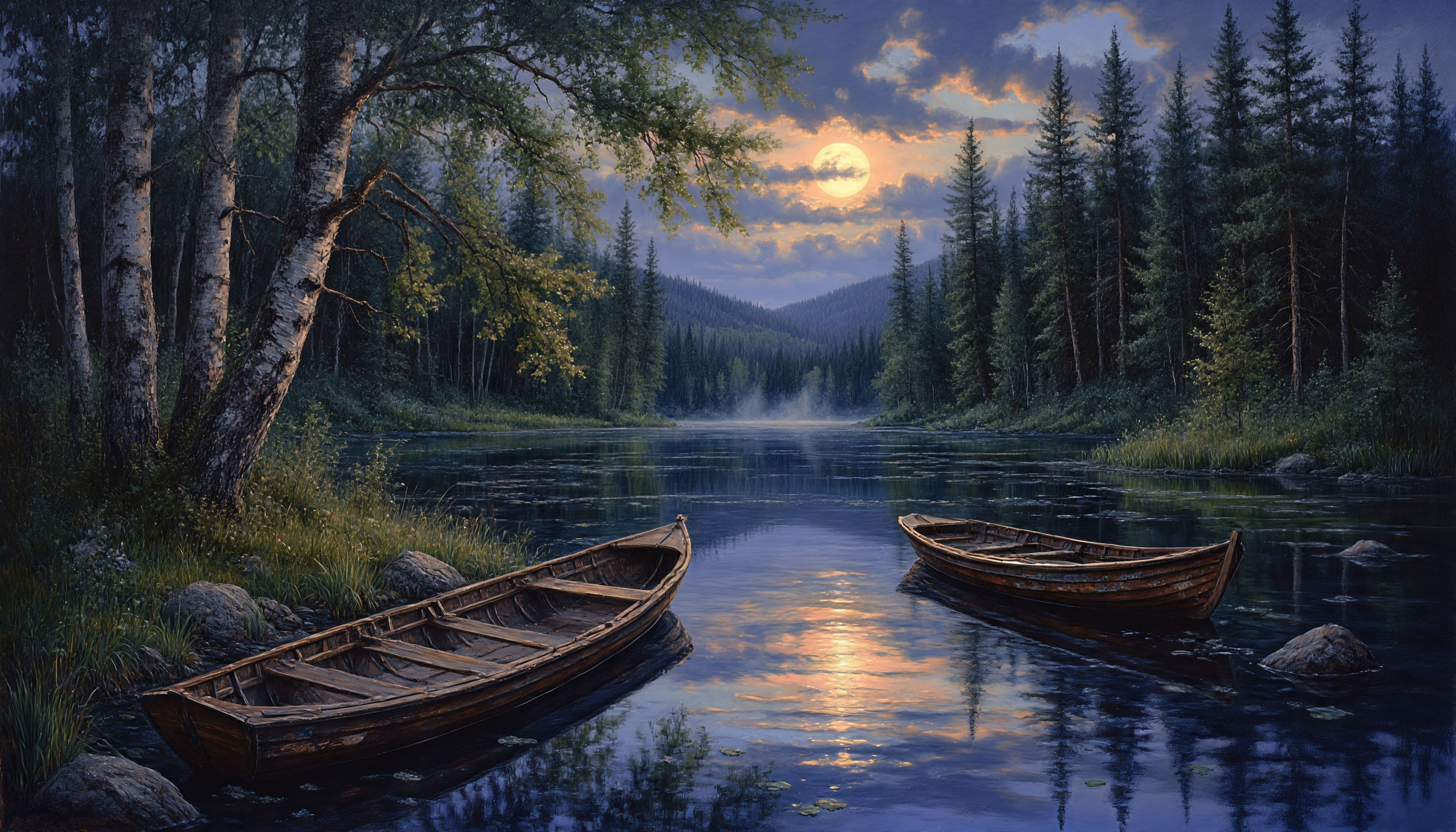 Бесплатное фото Живописный пейзаж с озером, лесом, лодками и луной на фоне заката.