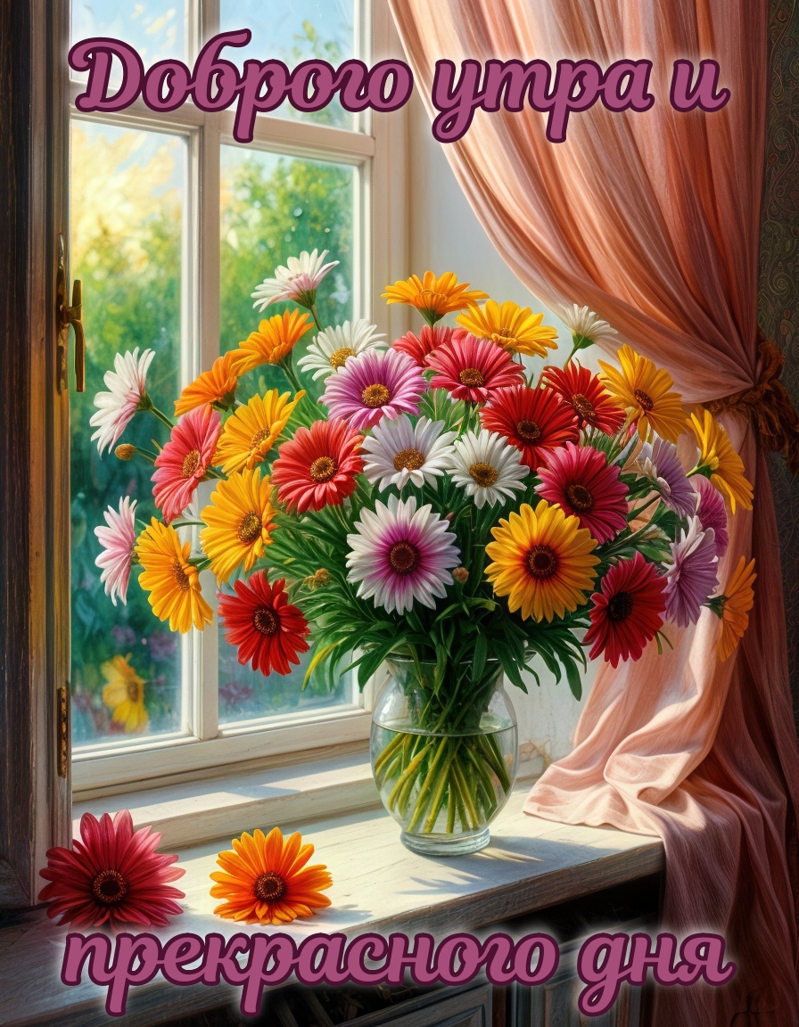 Бесплатная открытка Букет разноцветных герберов в вазе на подоконнике с пожеланием доброго утра.
