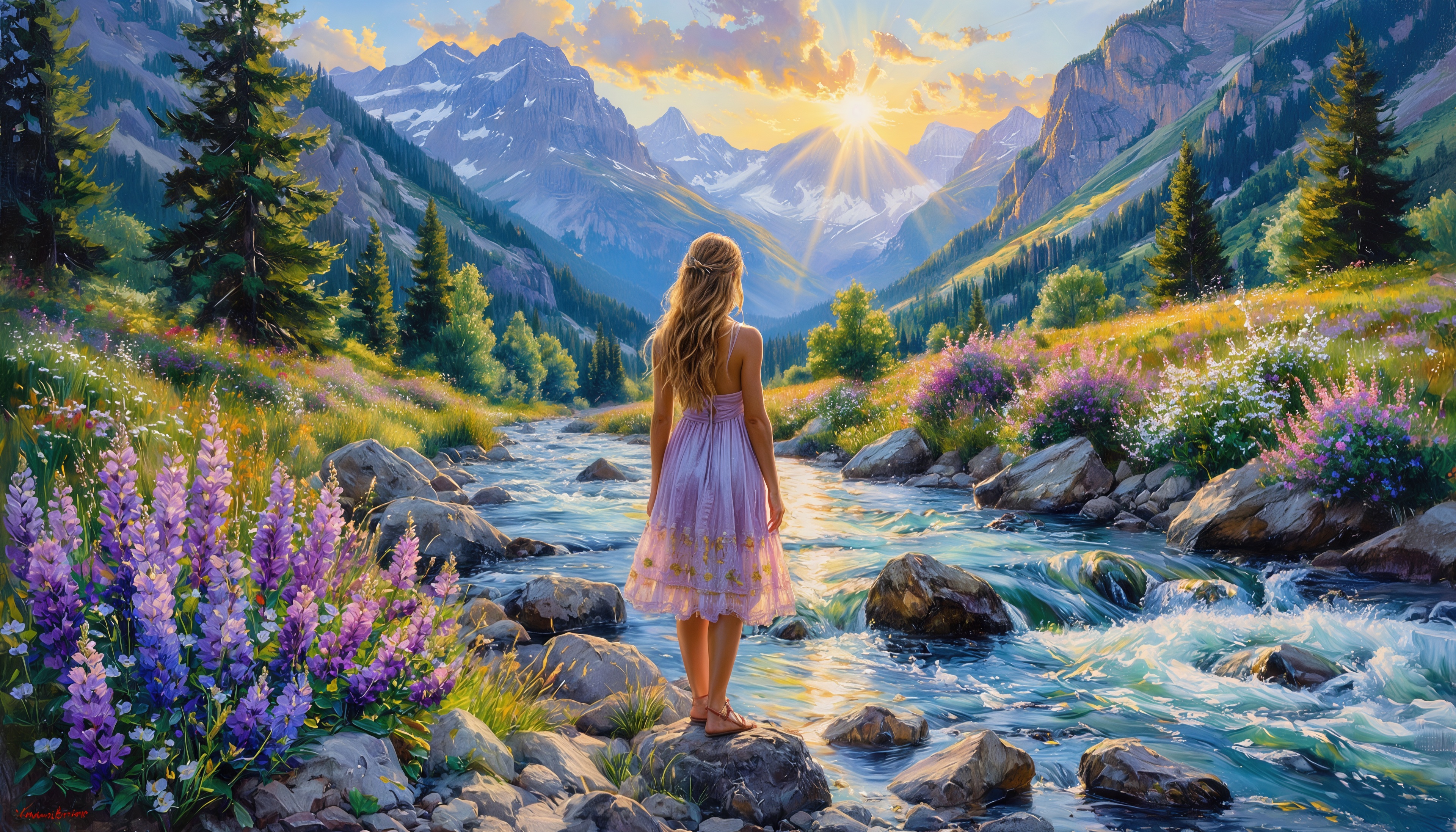 免费照片一个穿着轻便连衣裙的女孩在山景和盛开的草地中欣赏日落。