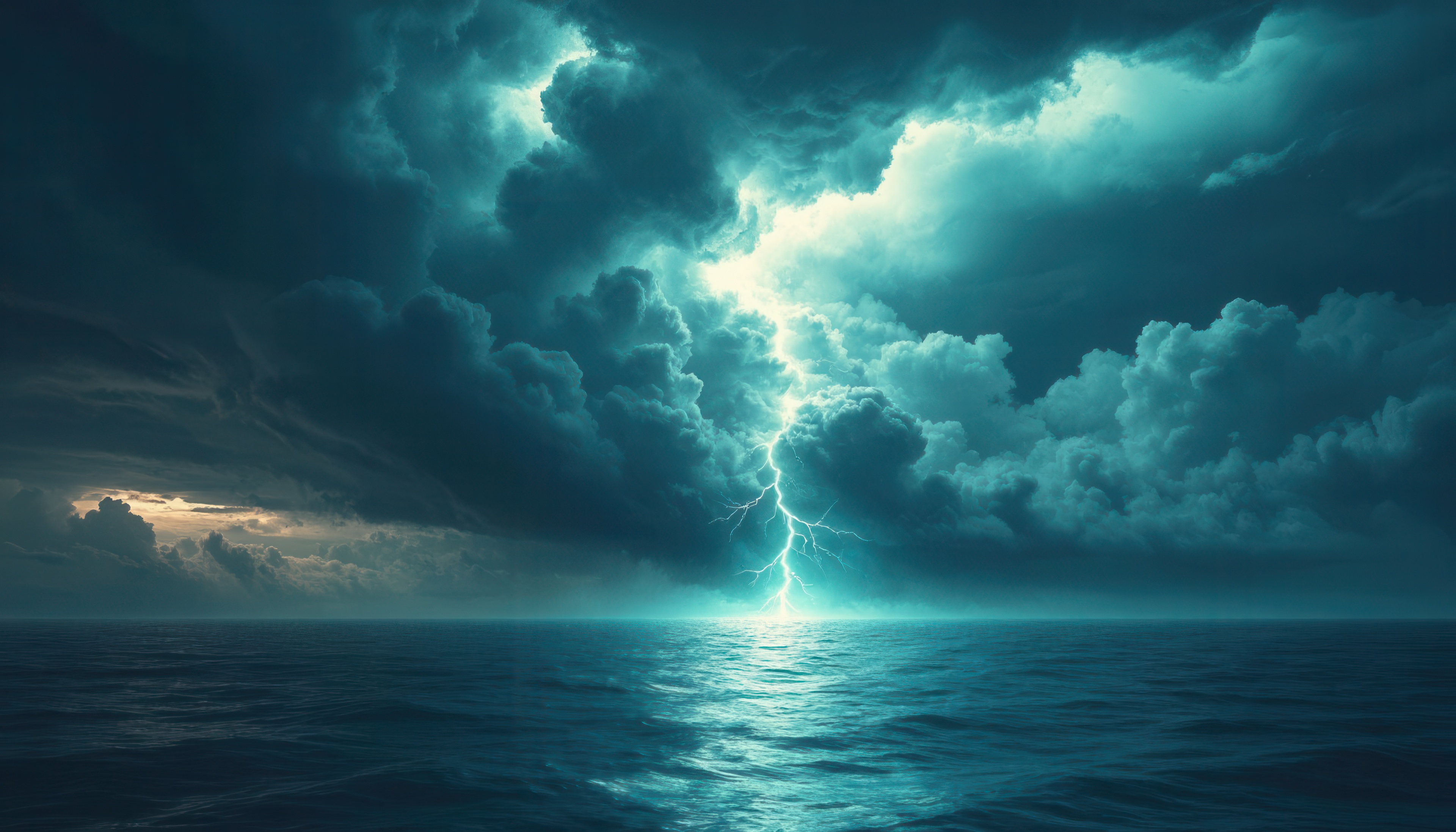 Бесплатное фото Молния расколола мрачные тучи, озарив океан холодным бирюзовым сиянием, словно гнев самой стихии.