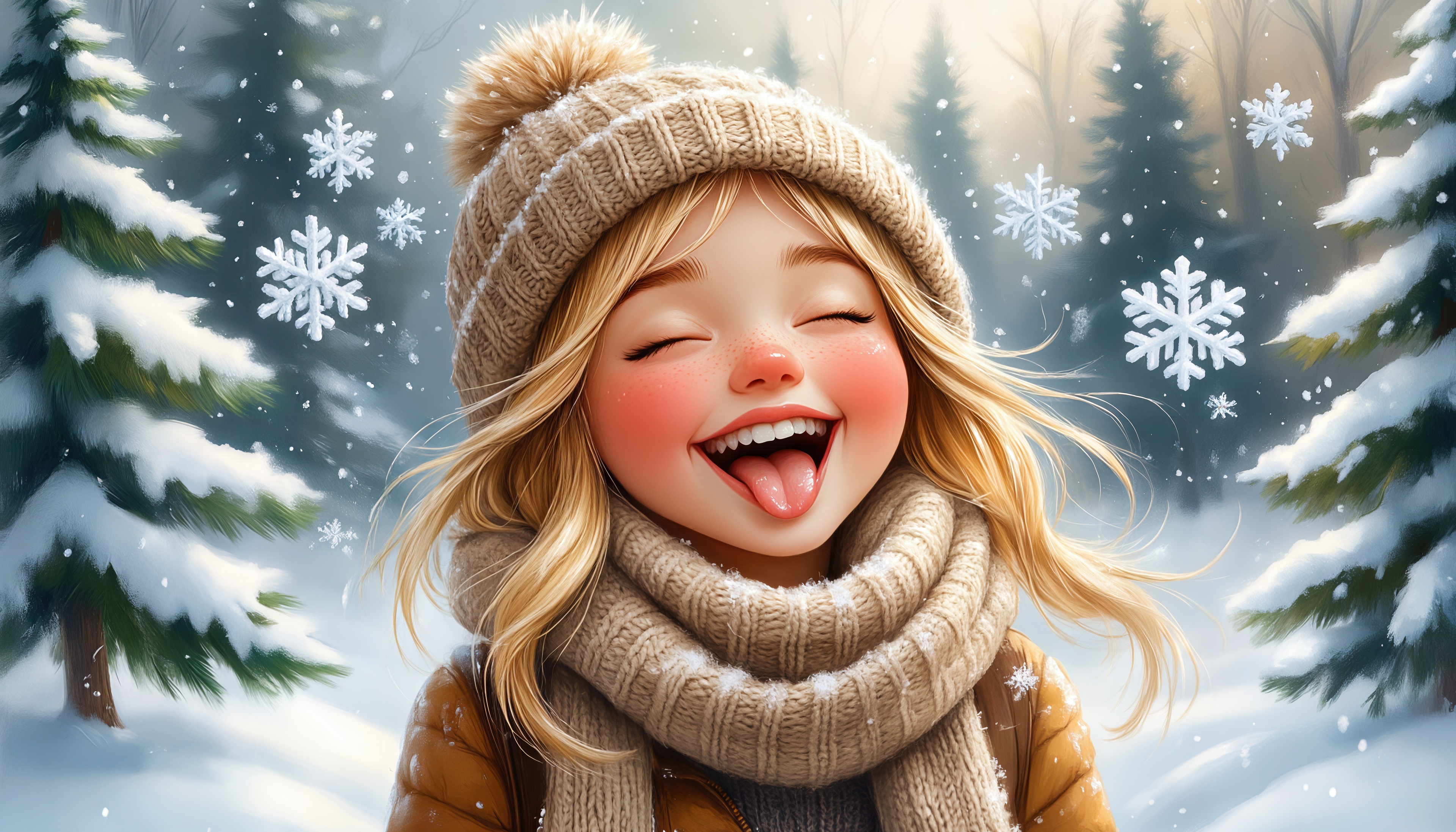 Бесплатное фото Девочка в тёплой шапке игриво показывает язык пытаясь поймать снежинки.