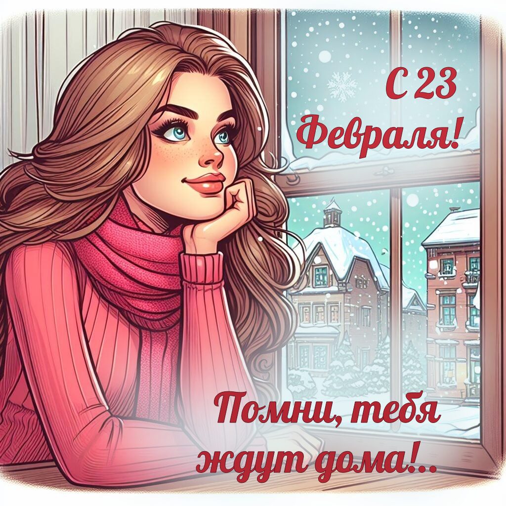 Бесплатная открытка С 23 февраля поздравляет скучающая девушка у окна