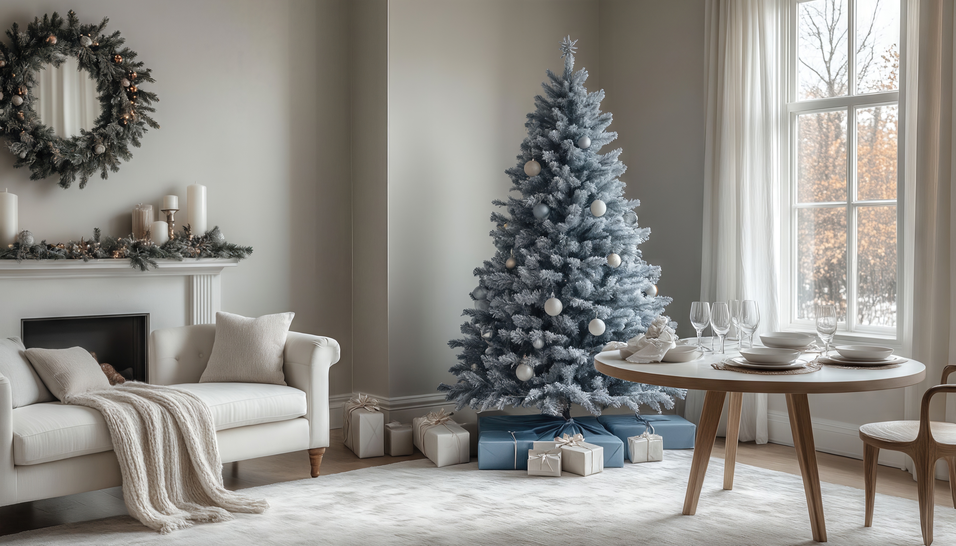 Бесплатное фото Серебряная ёлка, подарки и сервированный стол - праздник в доме!