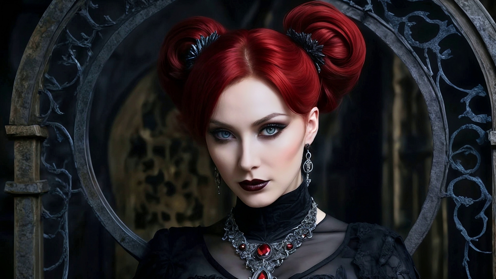 Портрет рыжеволосой девушки в черном платье