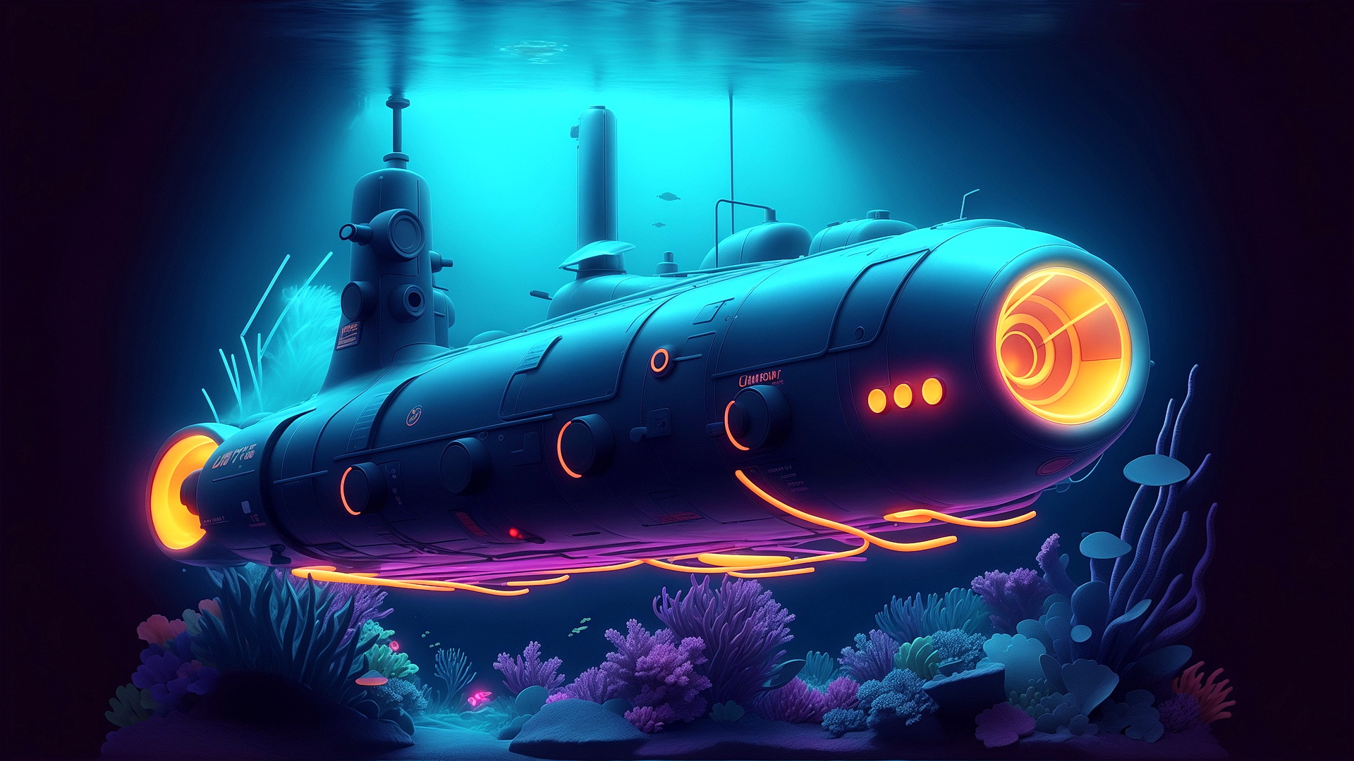 黑暗中的水下潜艇。