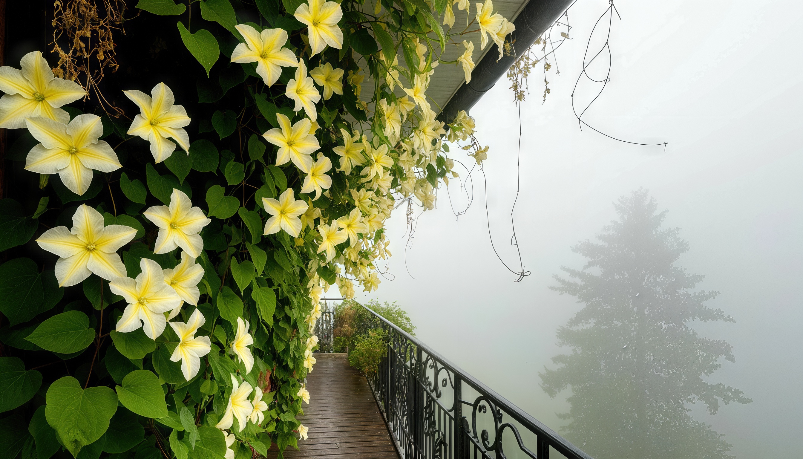 Бесплатное фото Балкон с клематисами на высоте, туман, деревья внизу, металлическая ограда.