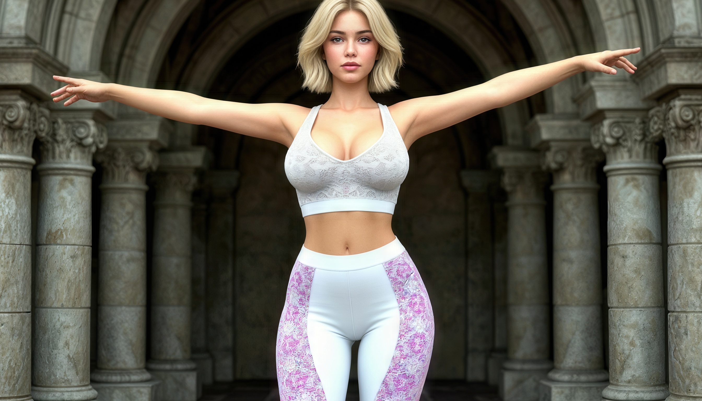 Бесплатное фото Девушка в спортивном топе и леггинсах изящно раскинула руки в арке старинного здания.