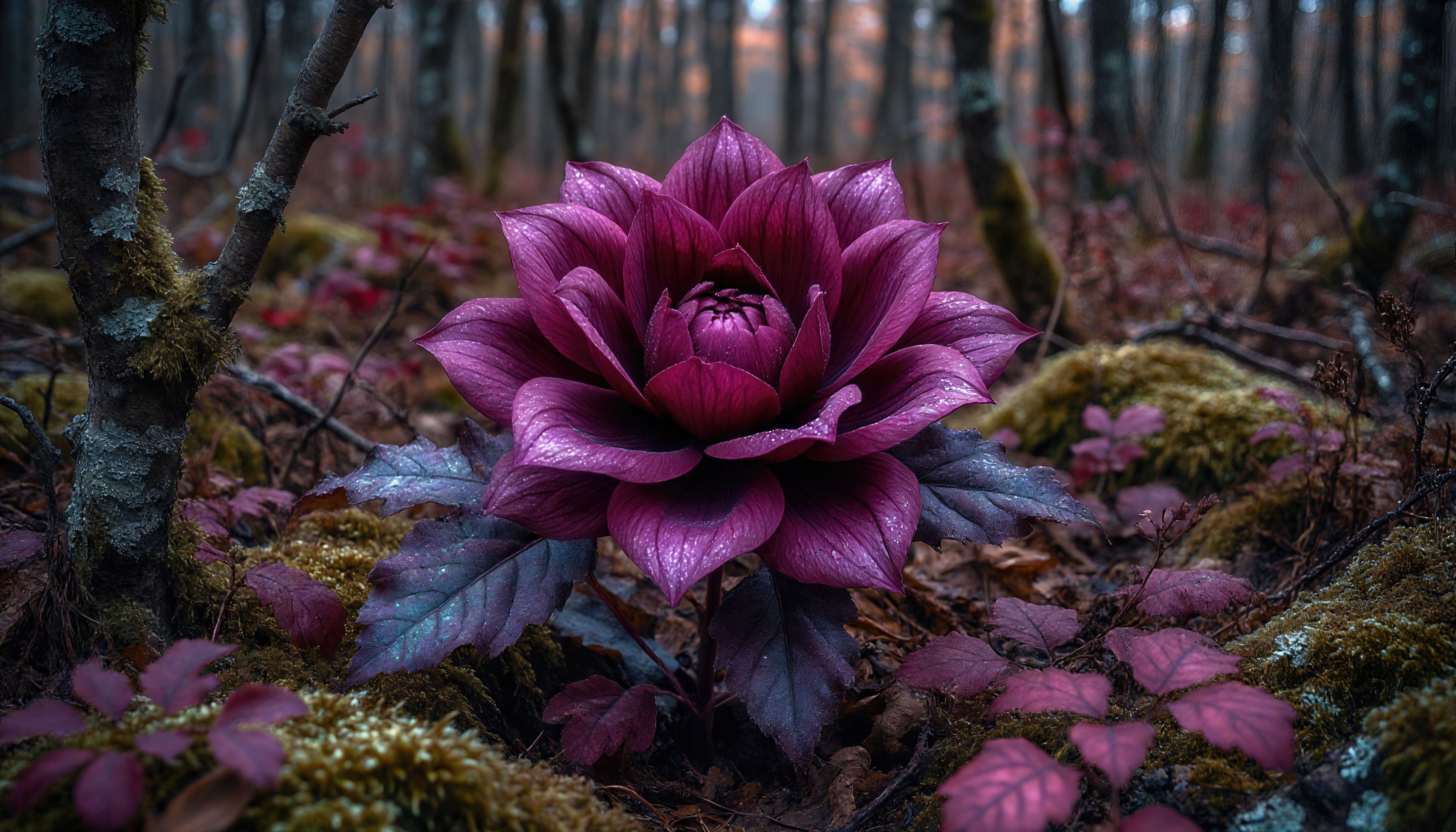 Бесплатное фото Пурпурный цветок величественно возвышается среди мха в таинственном лесу.