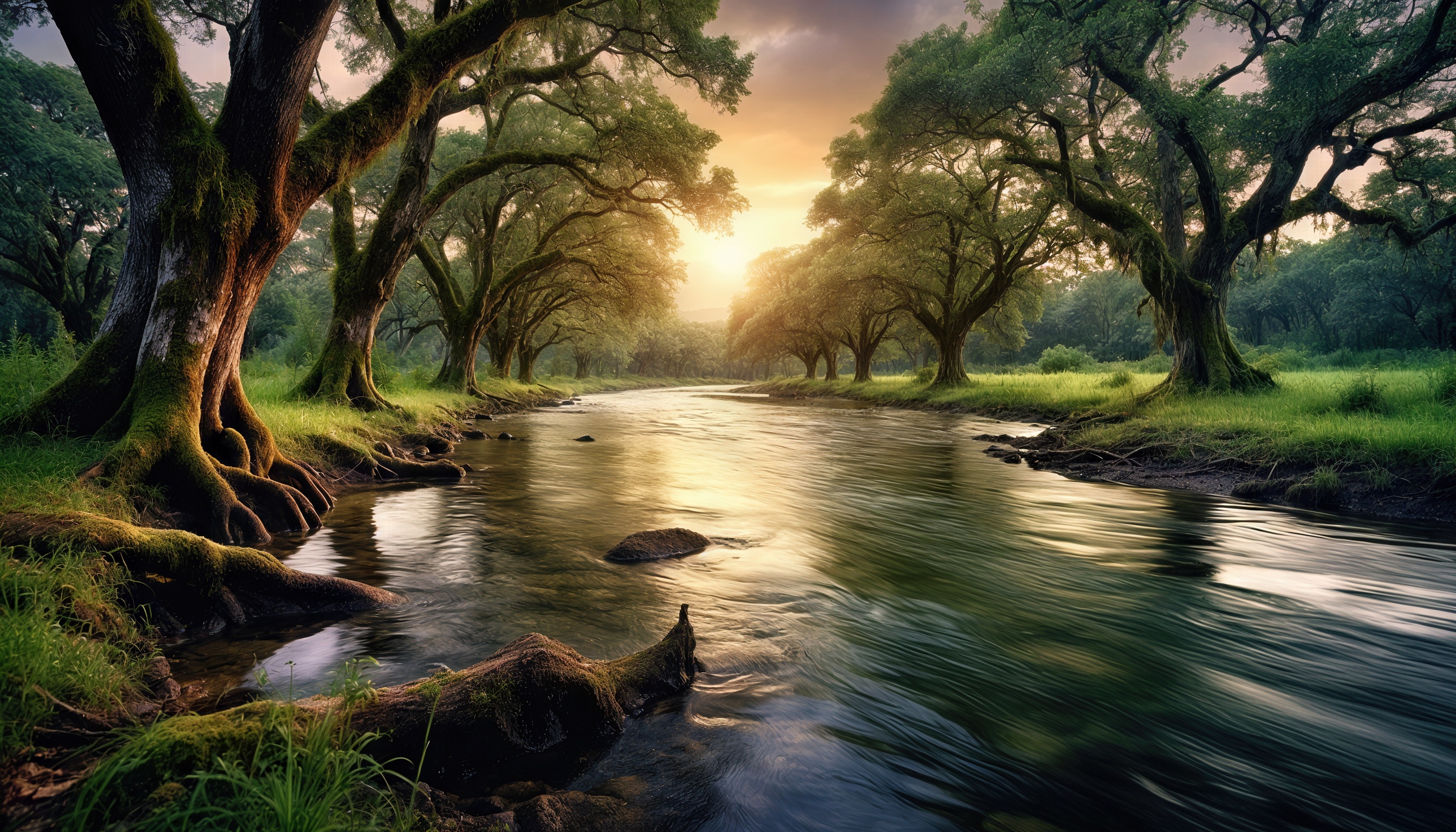 Река среди зелёных деревьев в солнечный день.