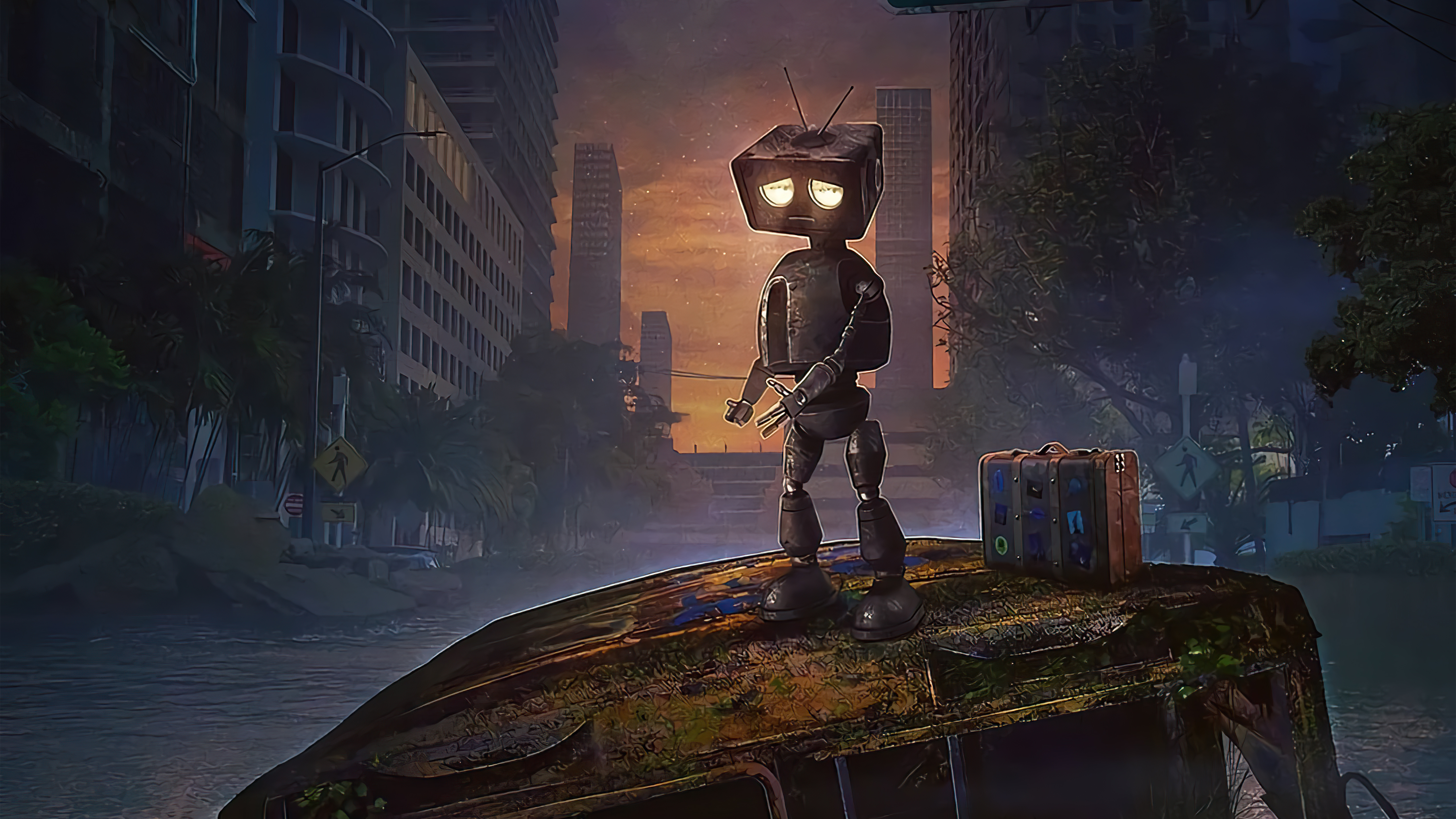 A sad robot in a forgotten city