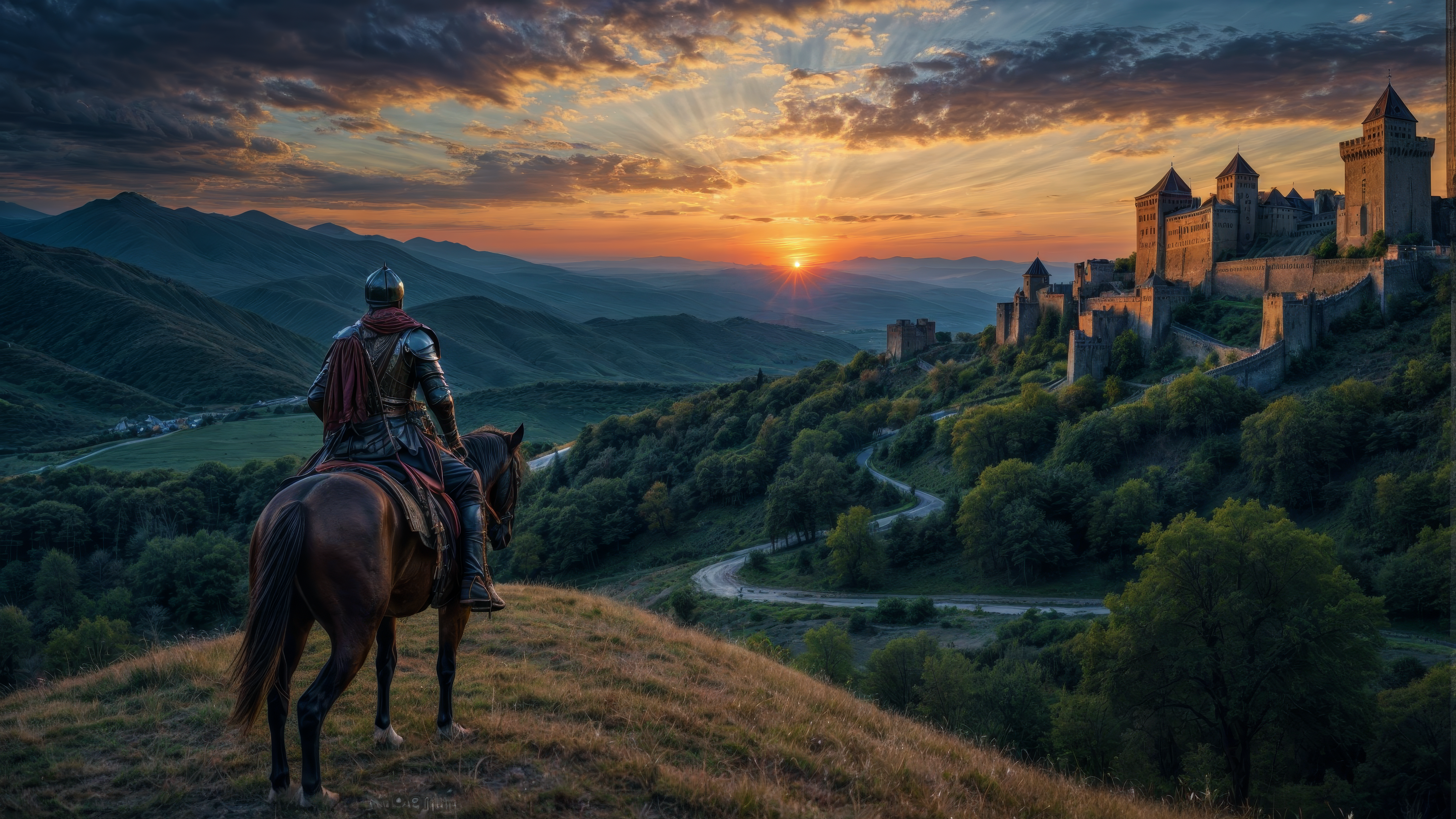 Бесплатное фото Мужчина спускается на лошади с холма на закате.