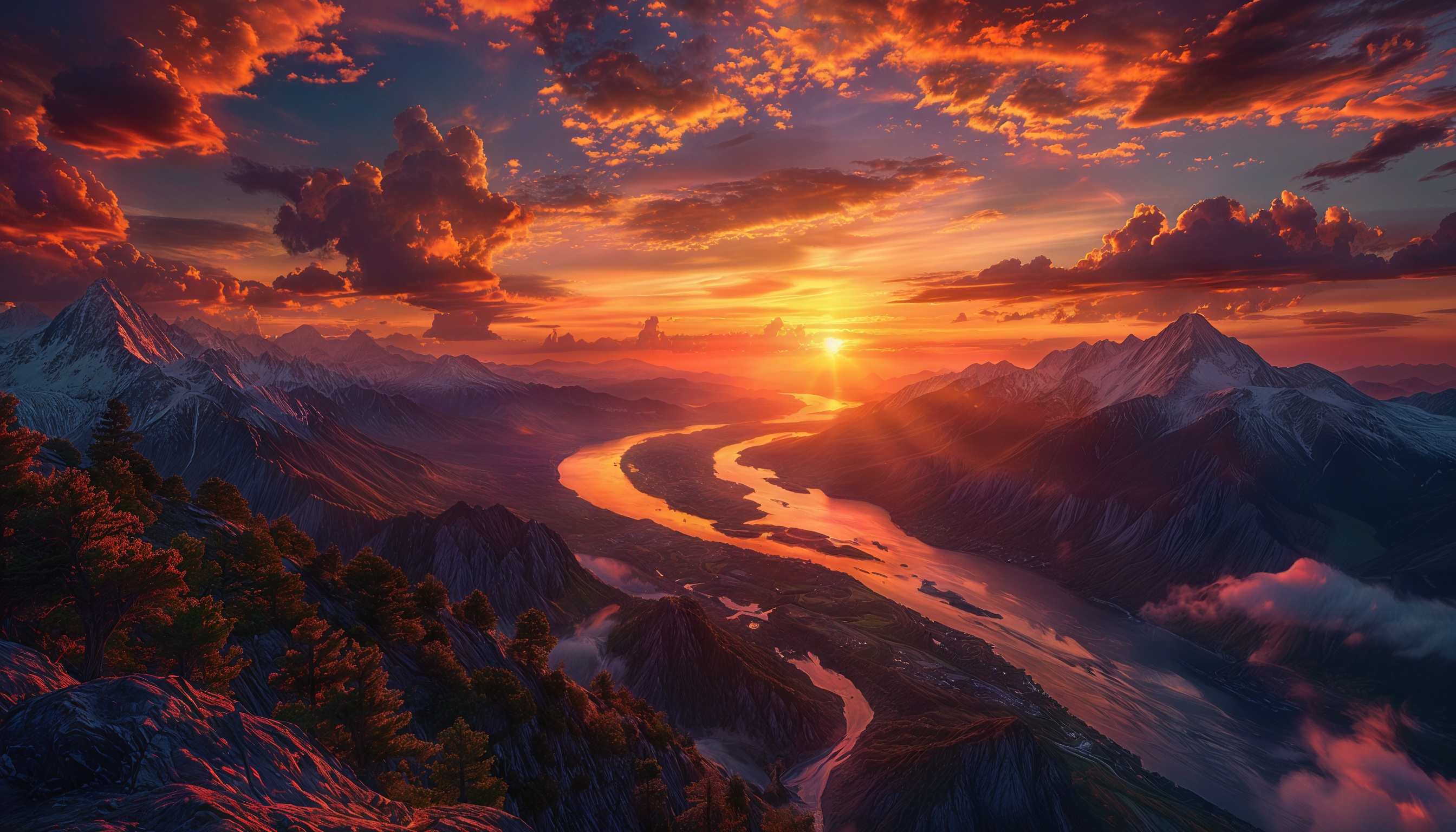 Free photo Majestic mountains at sunset, the river snakes in the valley, the sky is covered with fiery clouds.