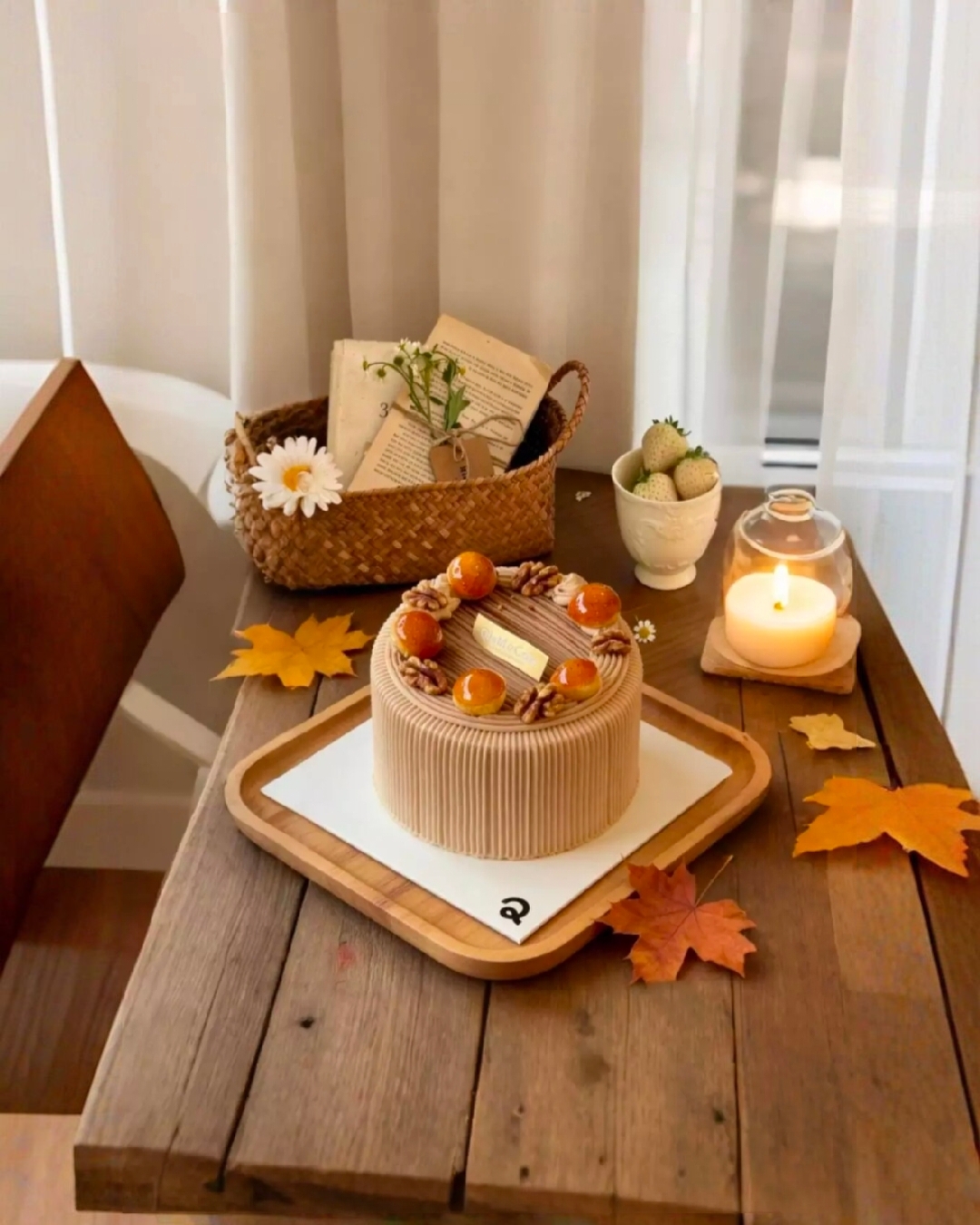 Free photo Cozy autumn composition with a cake on a wooden table
