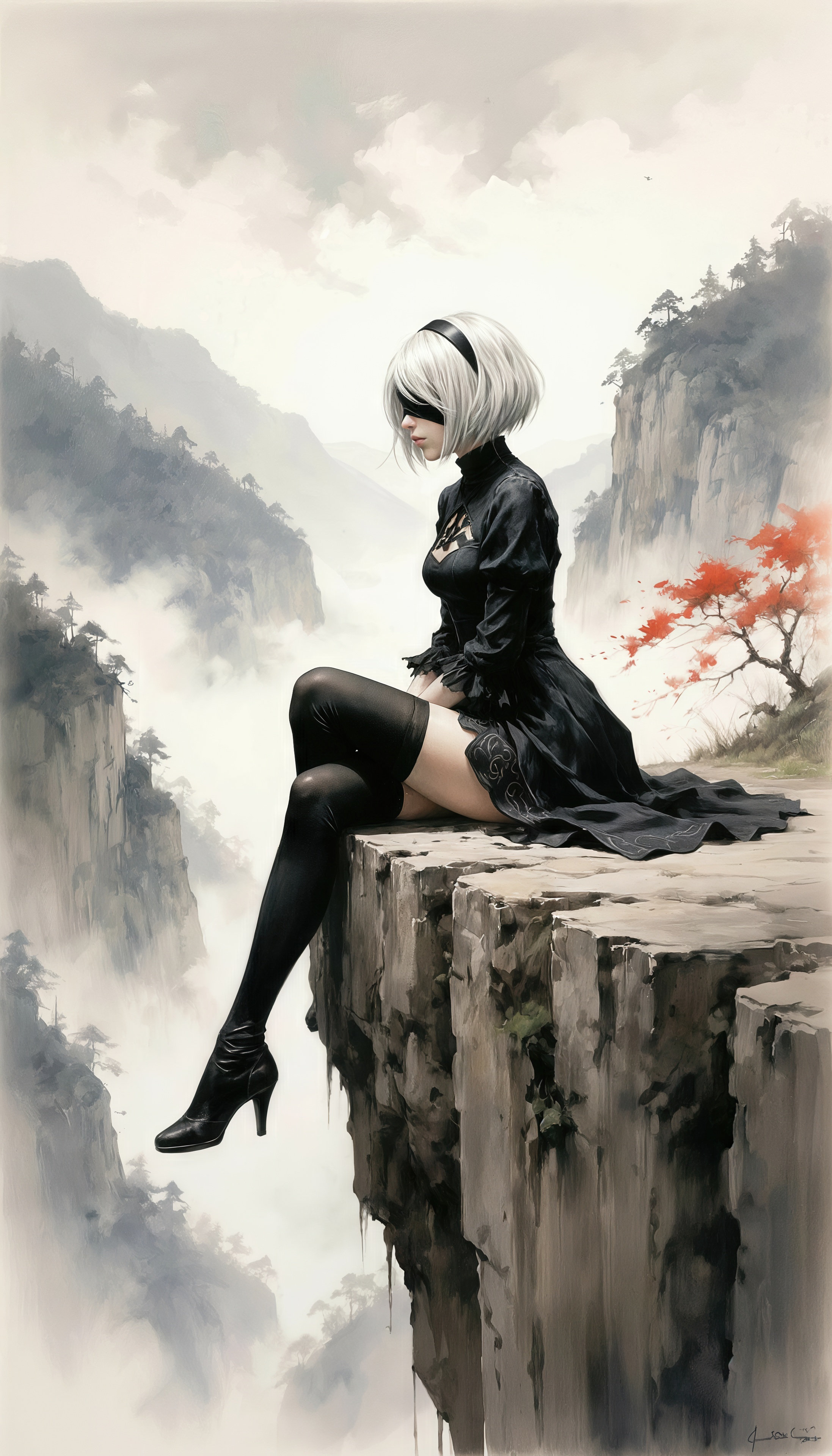 免费照片2b来自NieR：自动机坐落在迷雾山脉之间的悬崖边缘。