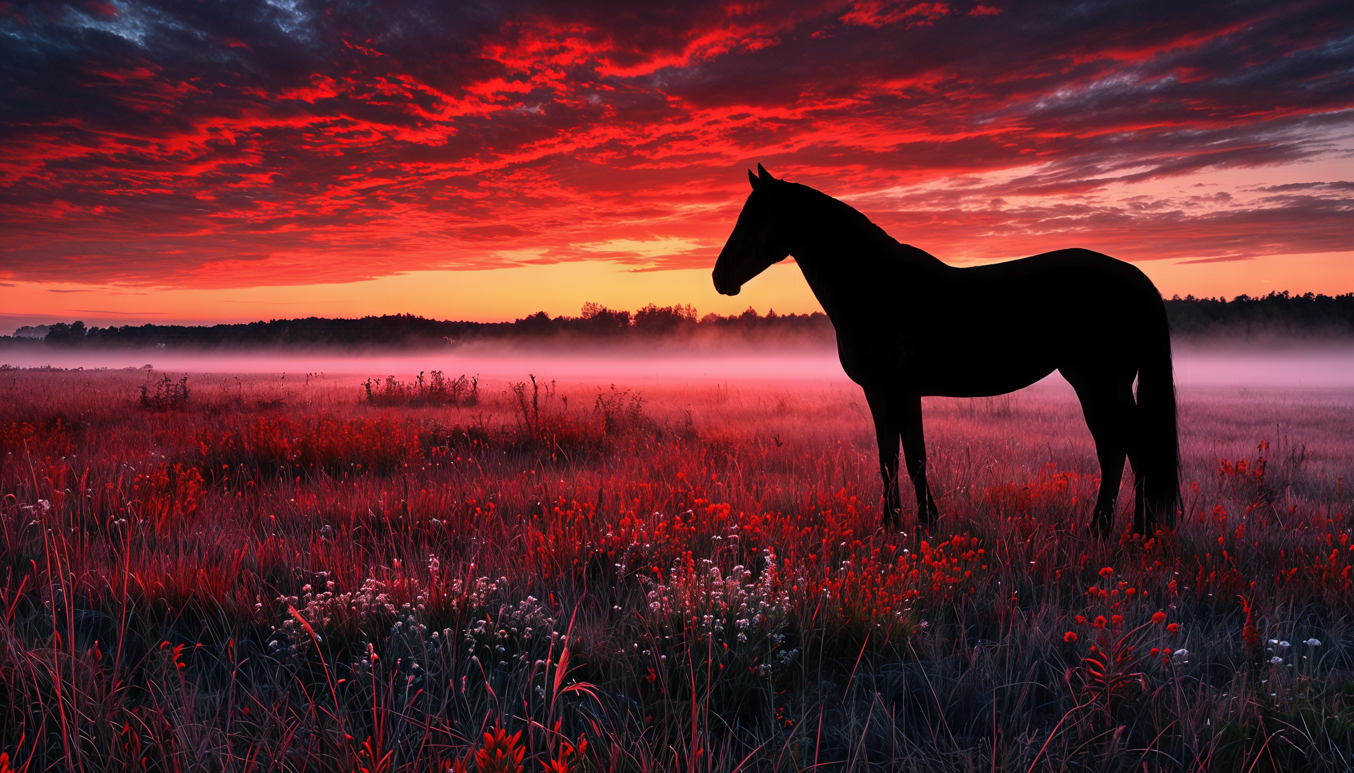 Бесплатное фото Гармония природы на закате в красном поле с лошадью.