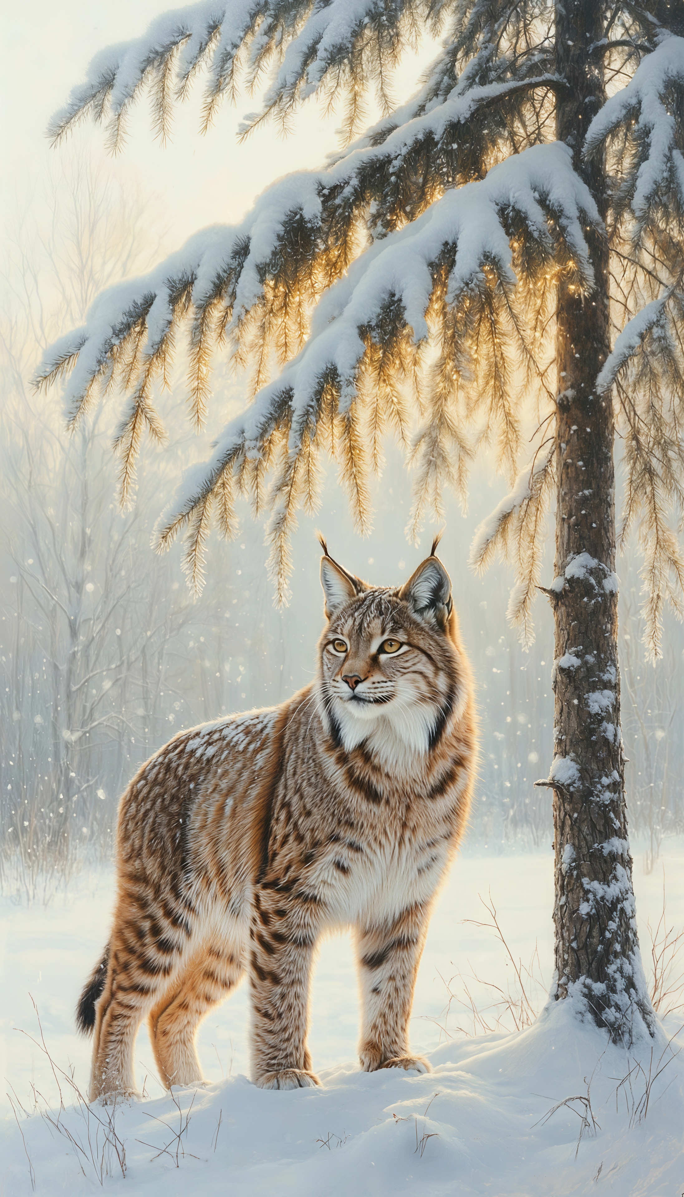 Free photo A lynx stands in a winter forest under a snow-covered spruce.