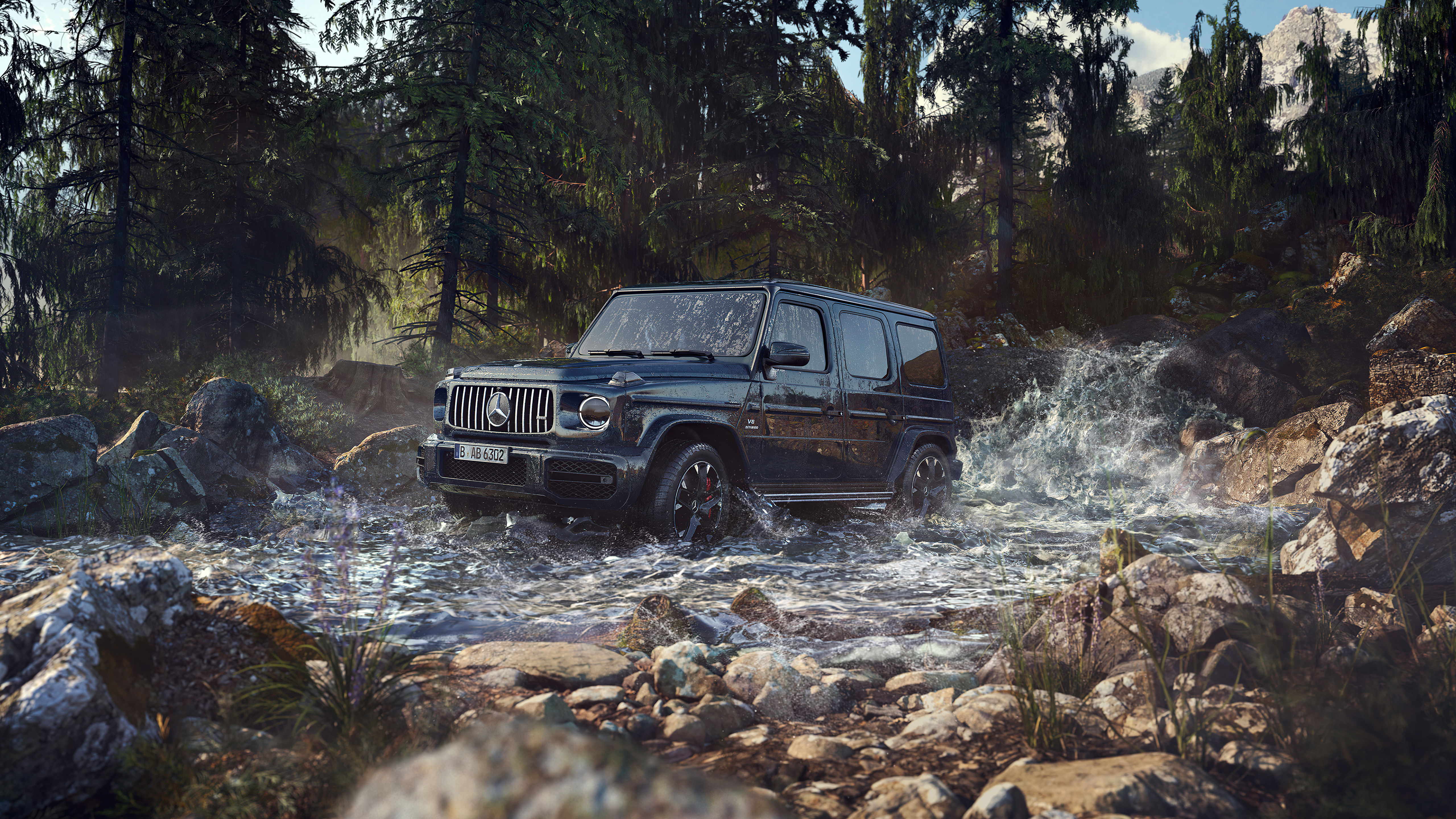 Free photo A black Mercedes G Class drives through a strong river current