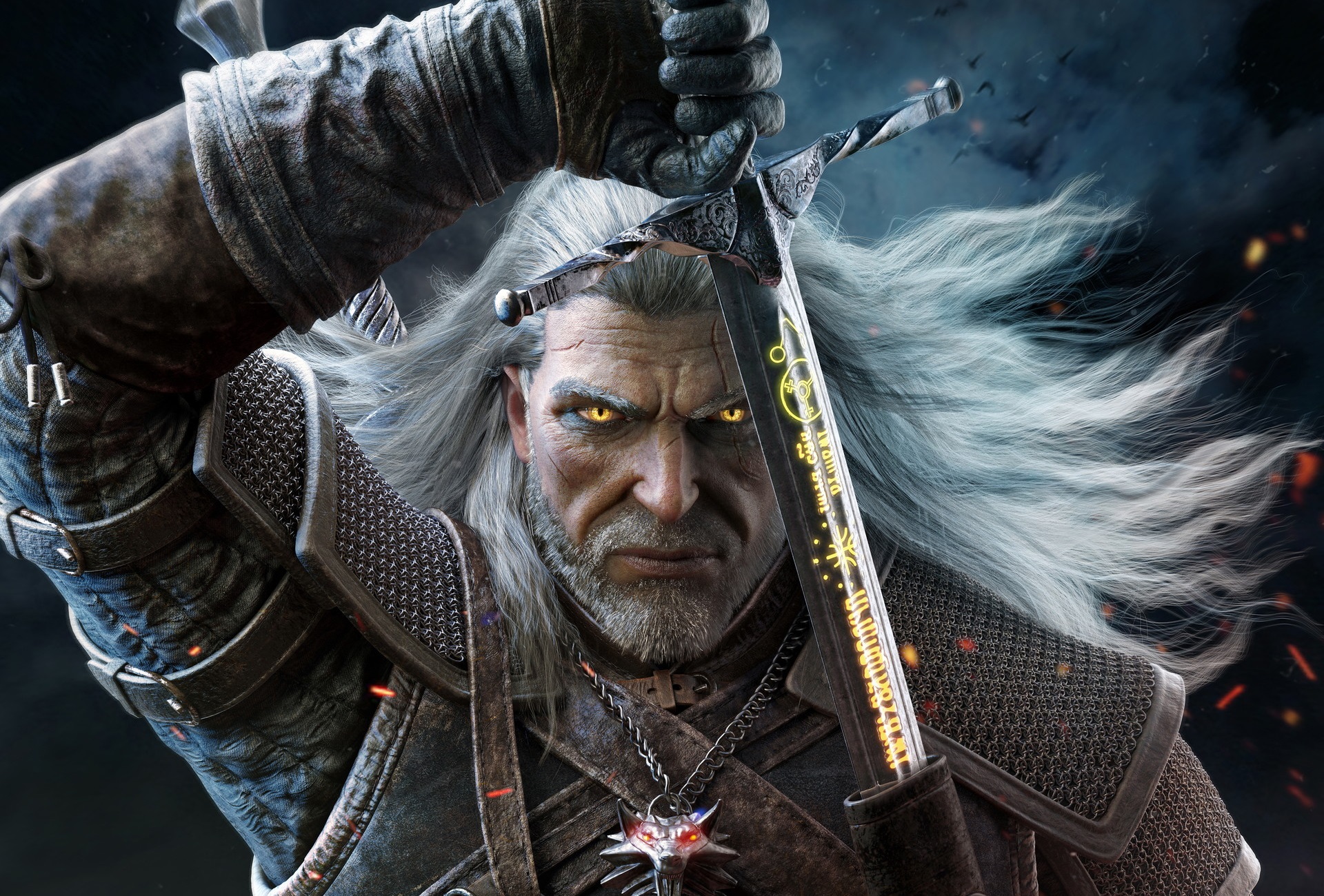 Free photo The Witcher 3 with glowing letters on the sword