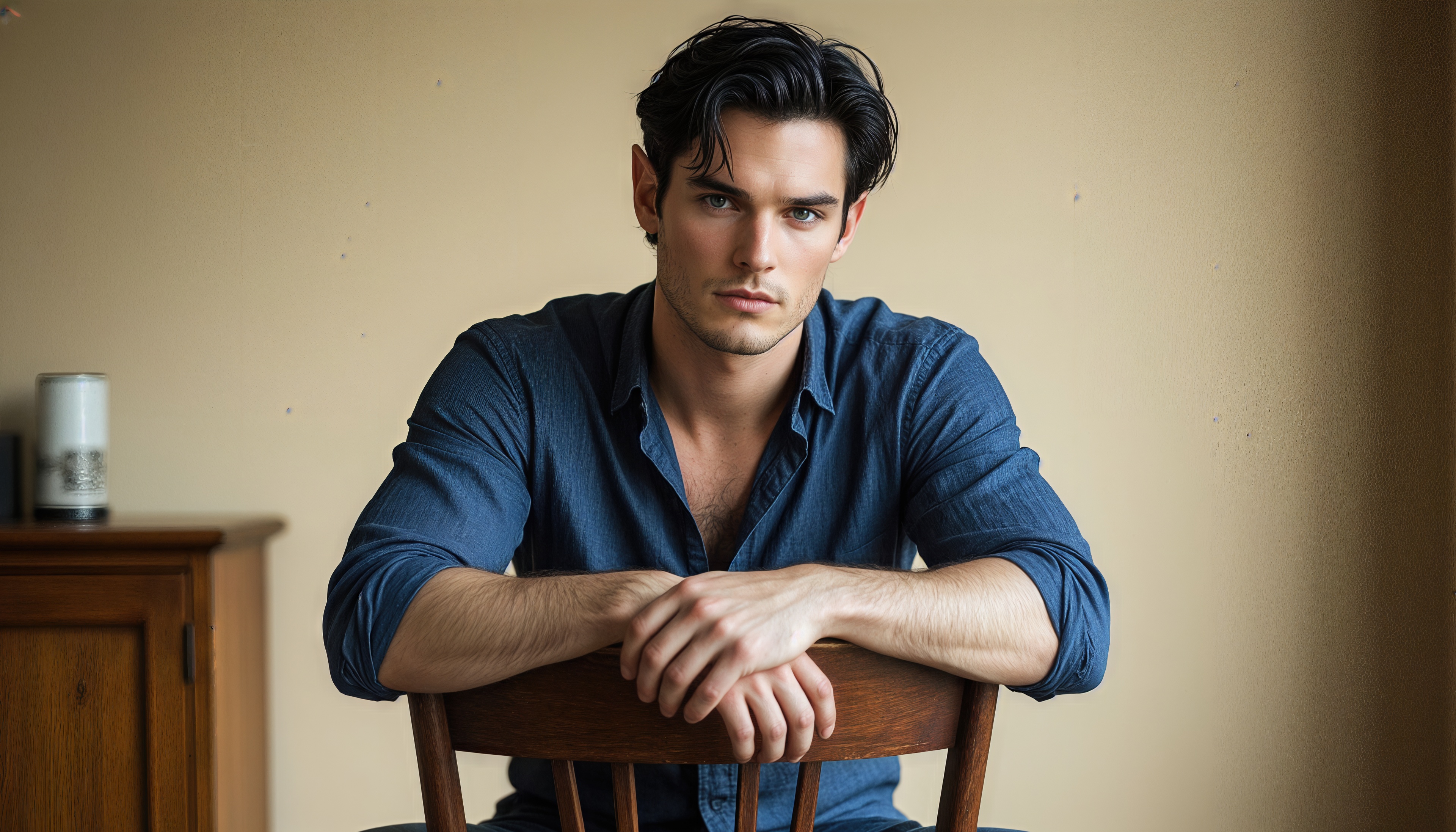 Free photo An attractive brunette in a blue shirt is sitting on a wooden chair, looking defiant.