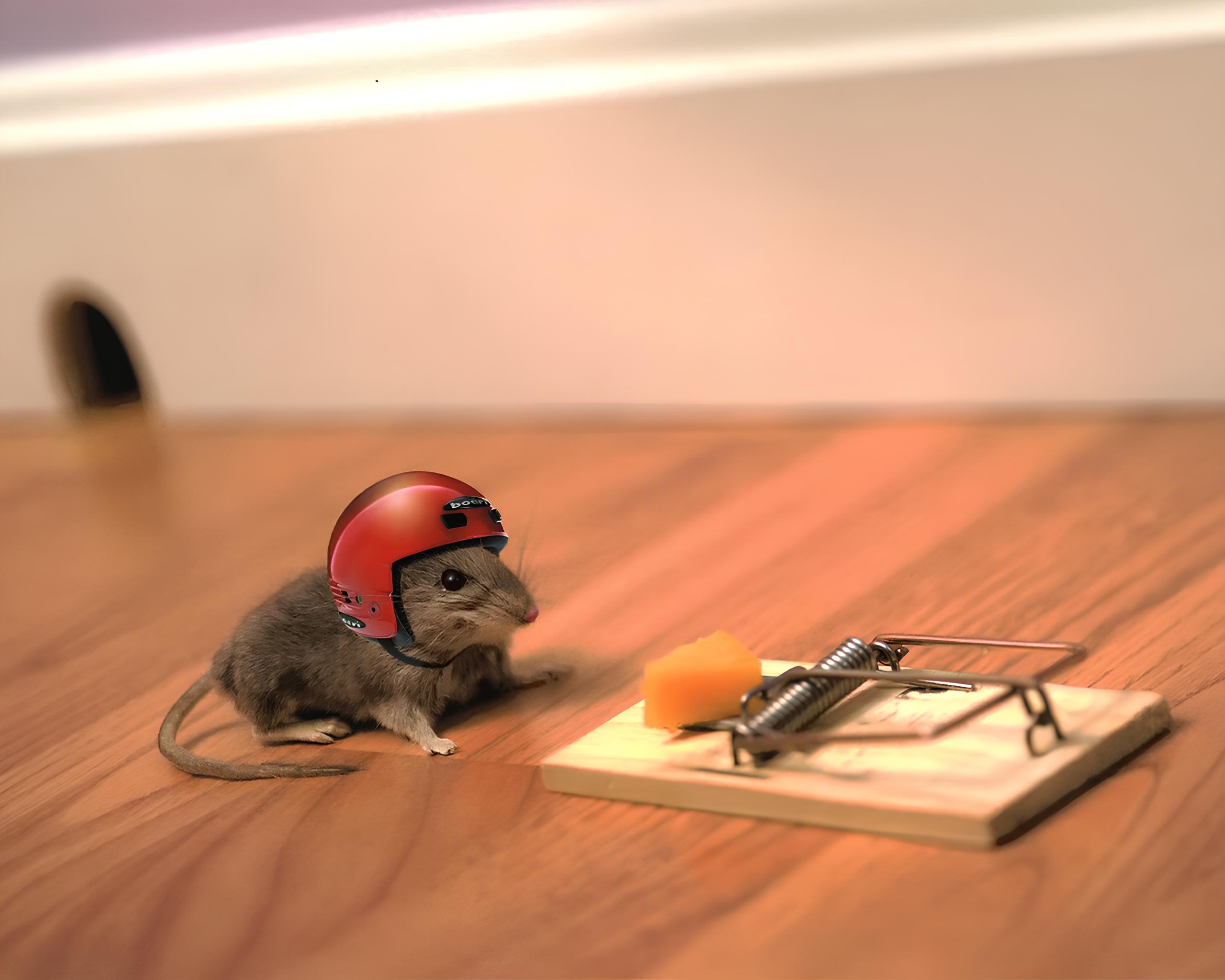 A helmeted mouse pulls cheese from a mousetrap.