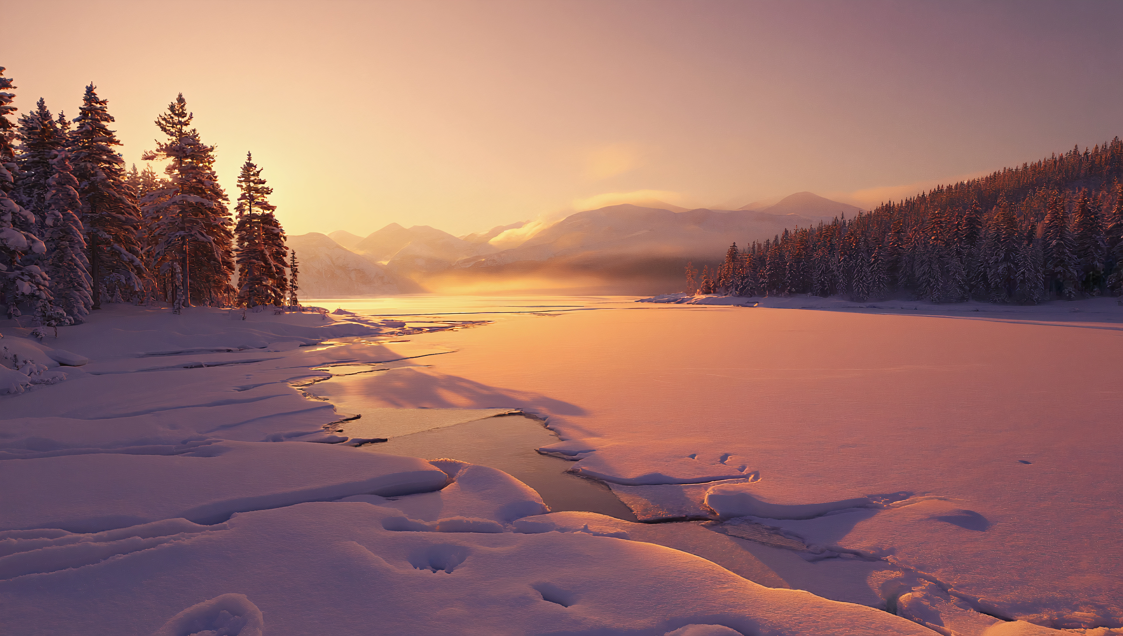 Бесплатное фото Пейзаж зимой кругом снег, закат
