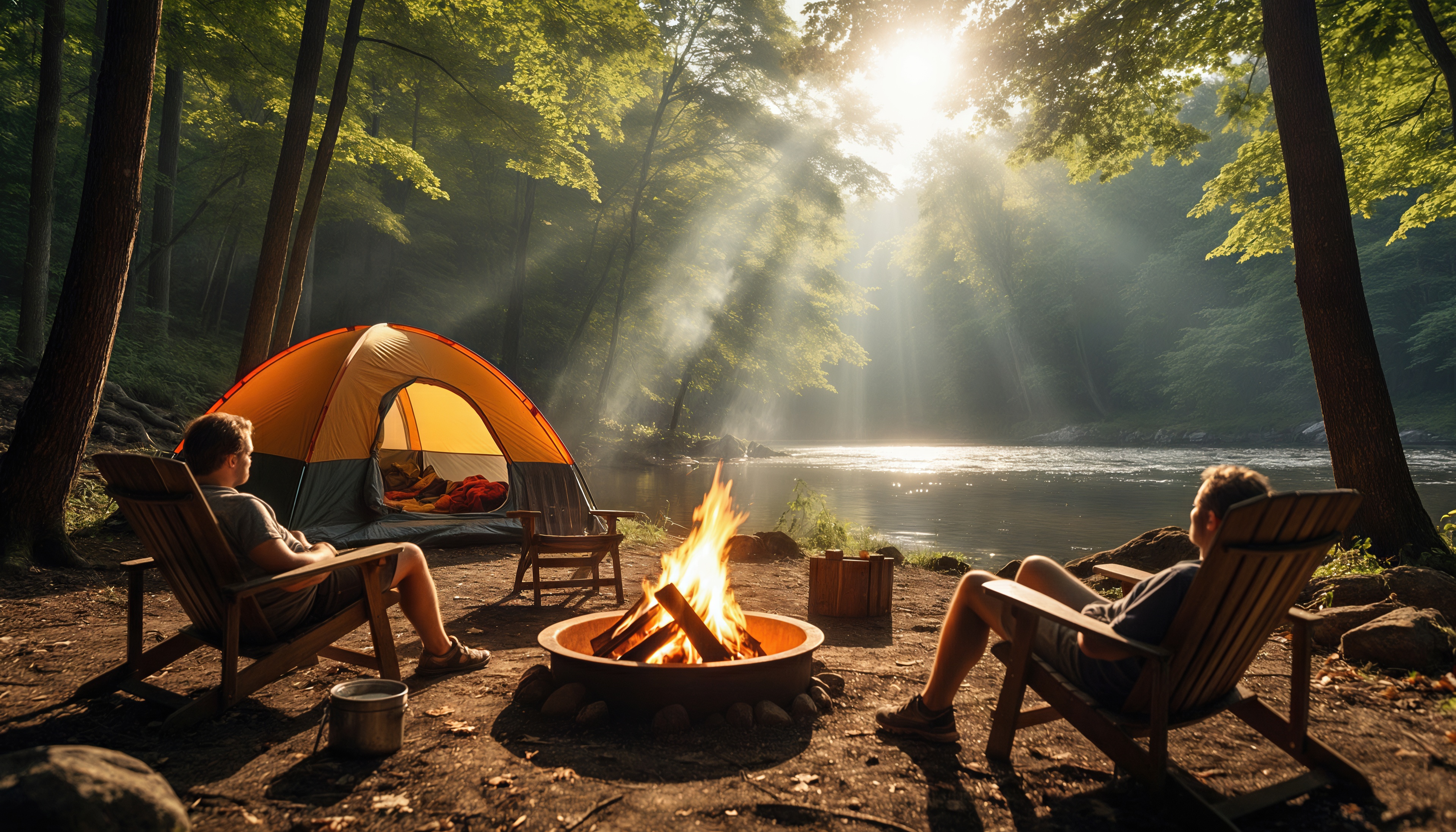 Двое у костра в лесу, палатка рядом, закат над рекой.