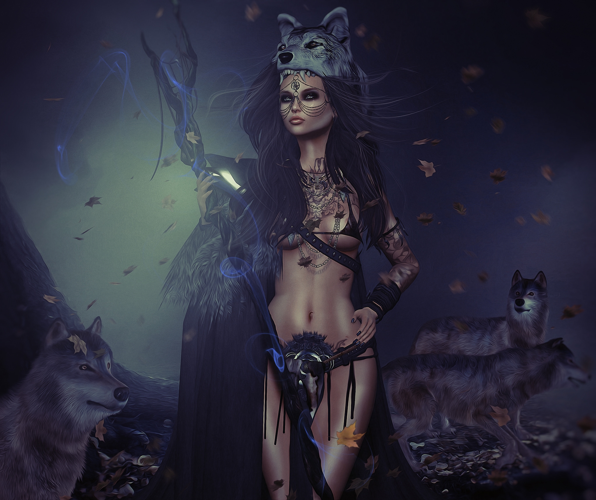 Wallpapers girl warrior wolves night on the desktop