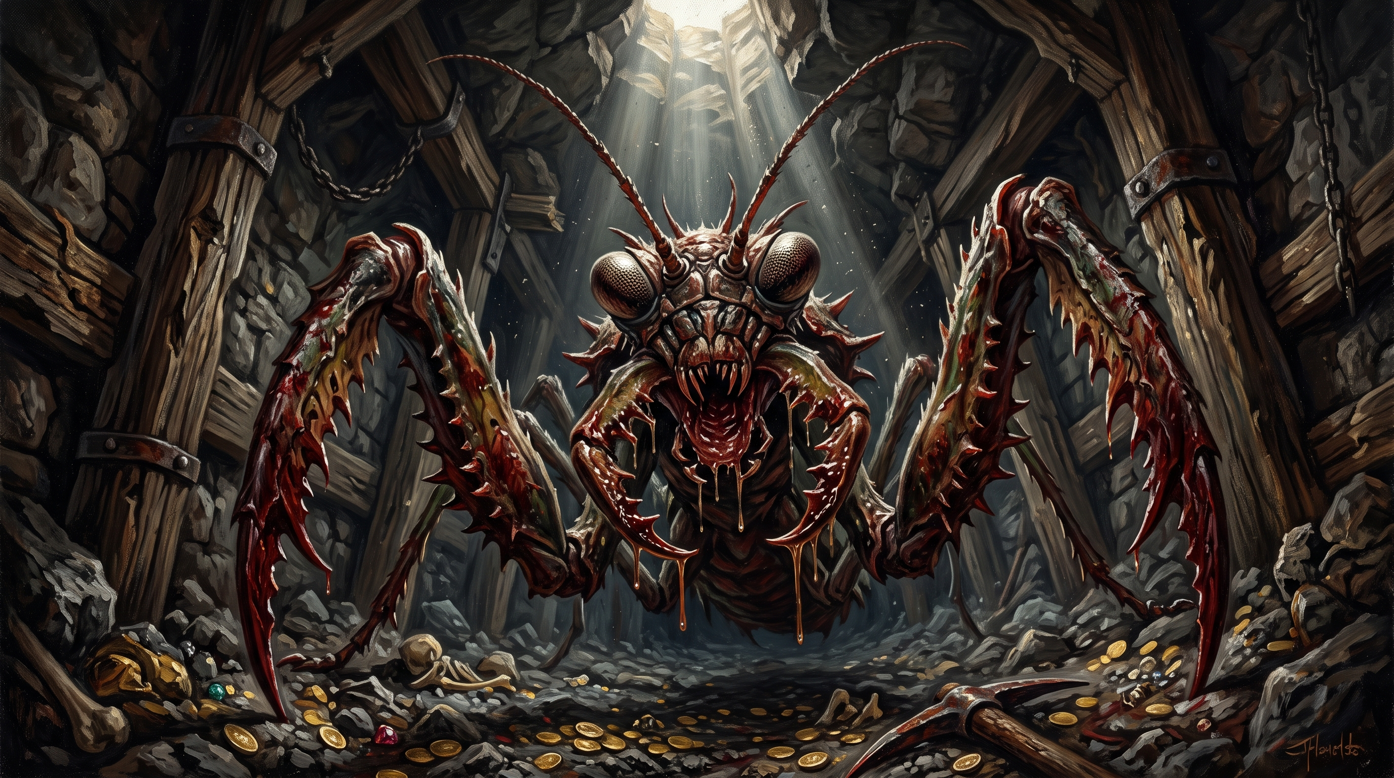 Free photo Giant mantis monster in an abandoned mine