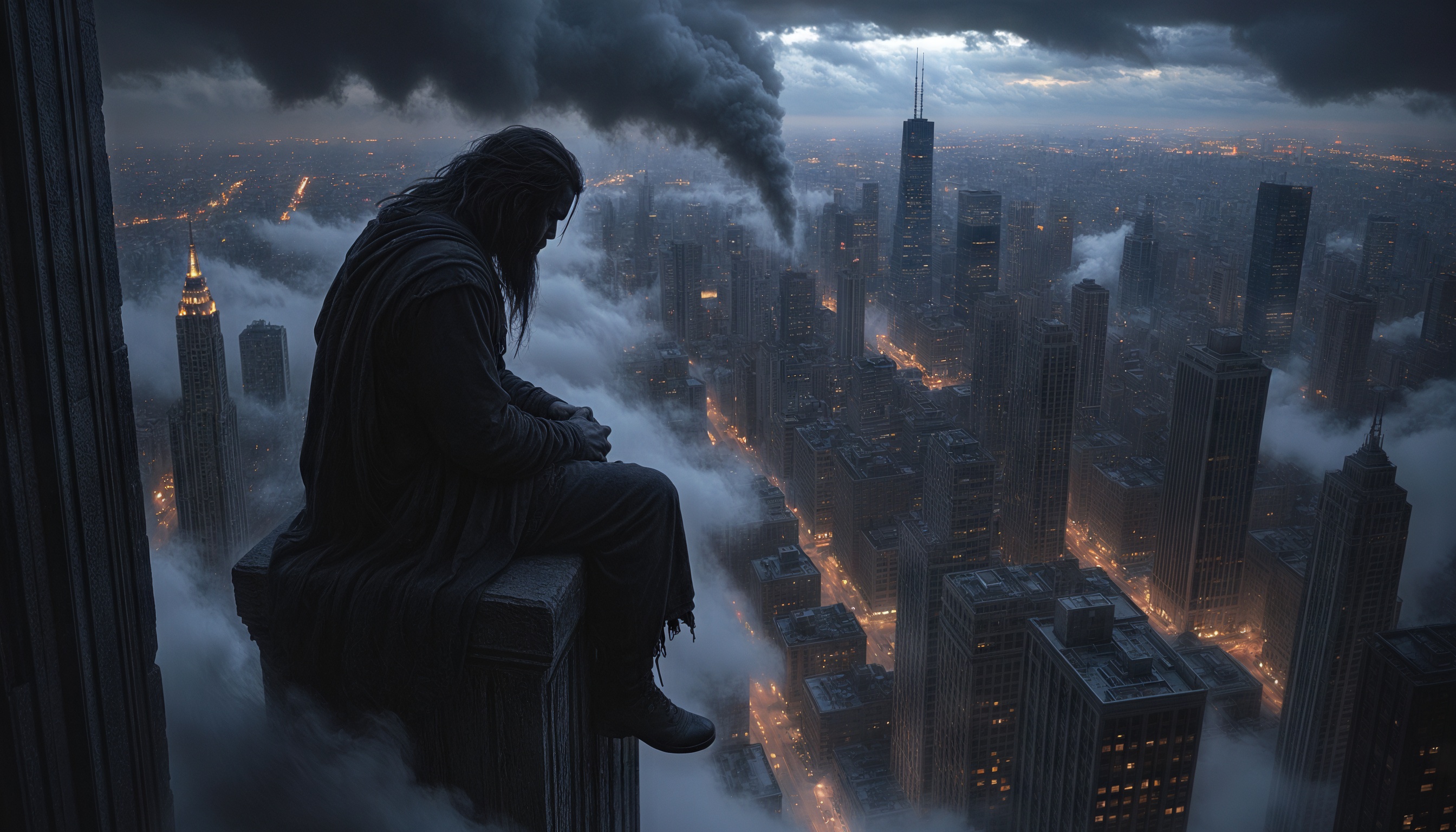 Бесплатное фото Мужчина на краю здания в тумане символизирует одиночество и раздумья о жизни.