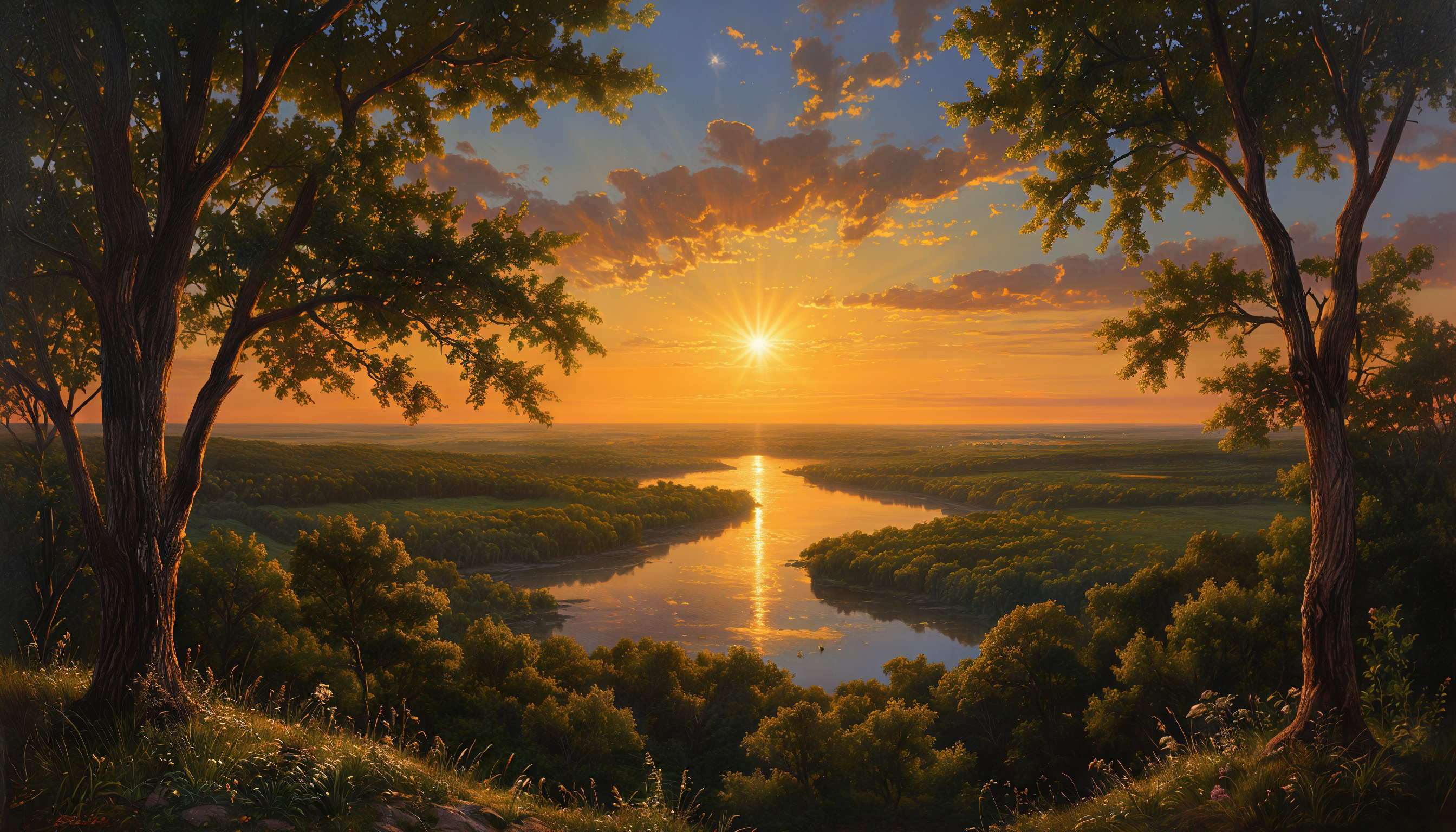 Бесплатное фото Закат золотит реку и леса, лучи танцуют на воде, окутывая пейзаж тёплым сиянием.