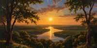 The sunset gilds the river and forests, the rays dance on the water, enveloping the landscape in a warm glow.
