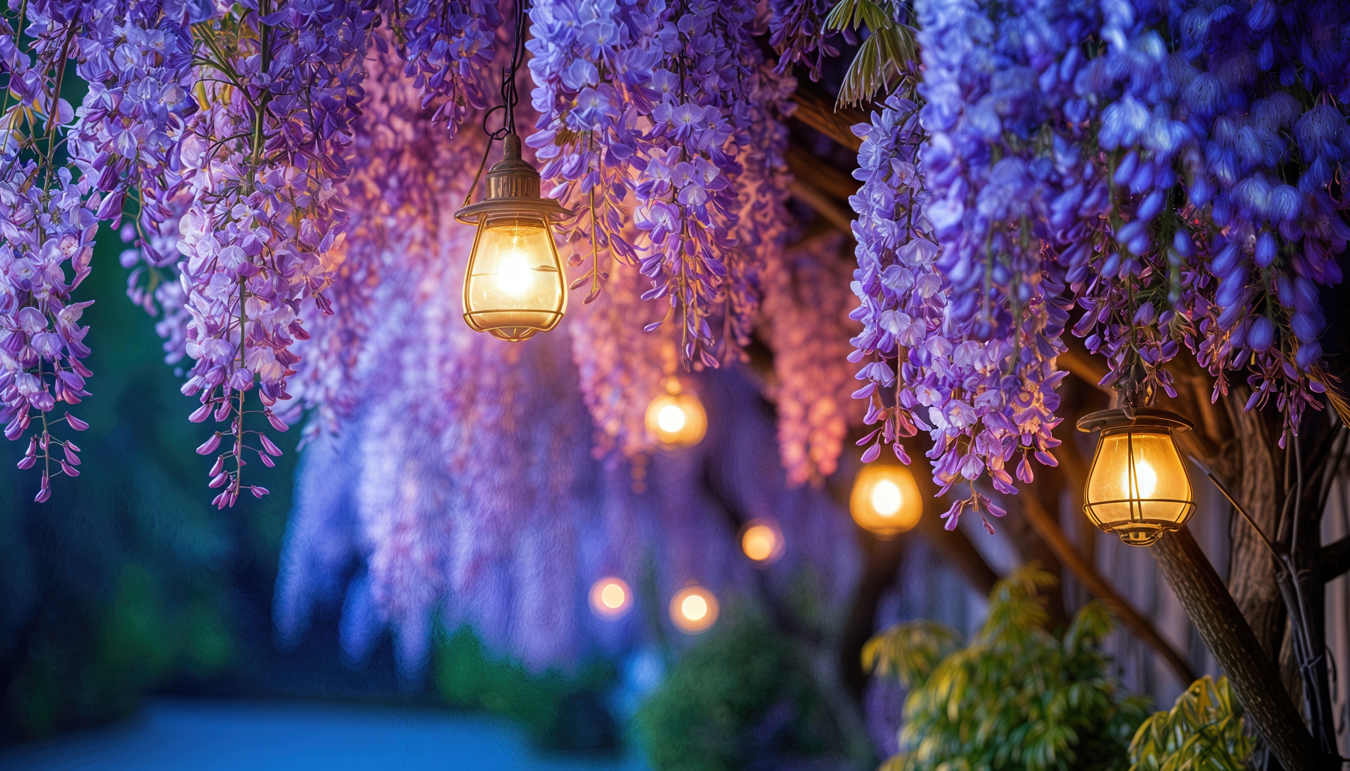 Фиолетовые цветы глицинии с подвесными лампами.