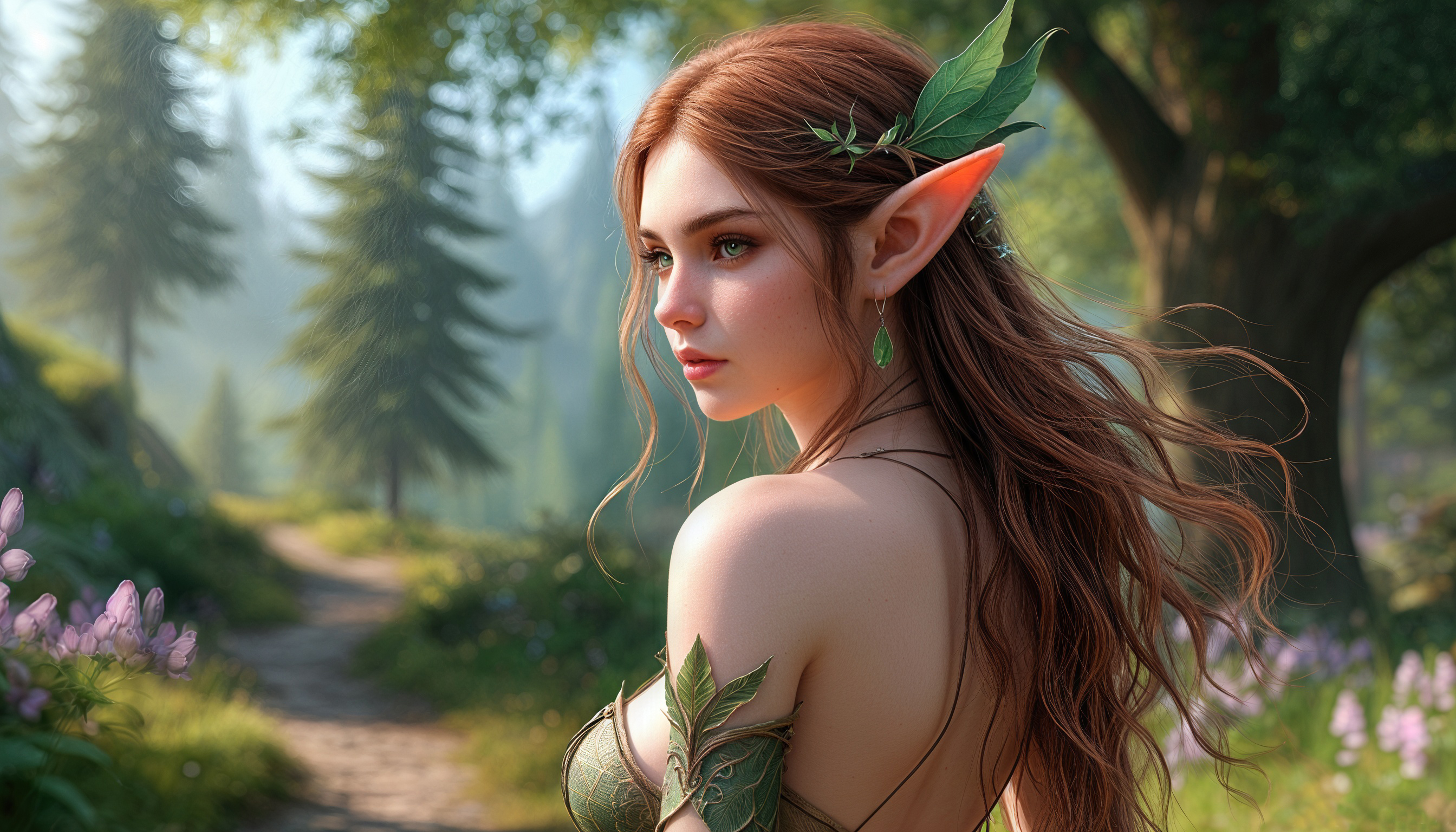 Бесплатное фото Девушка с эльфийскими ушами и волосами, украшенными листьями и цветами, в волшебном лесу.