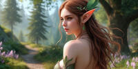 Девушка с эльфийскими ушами и волосами, украшенными листьями и цветами, в волшебном лесу.
