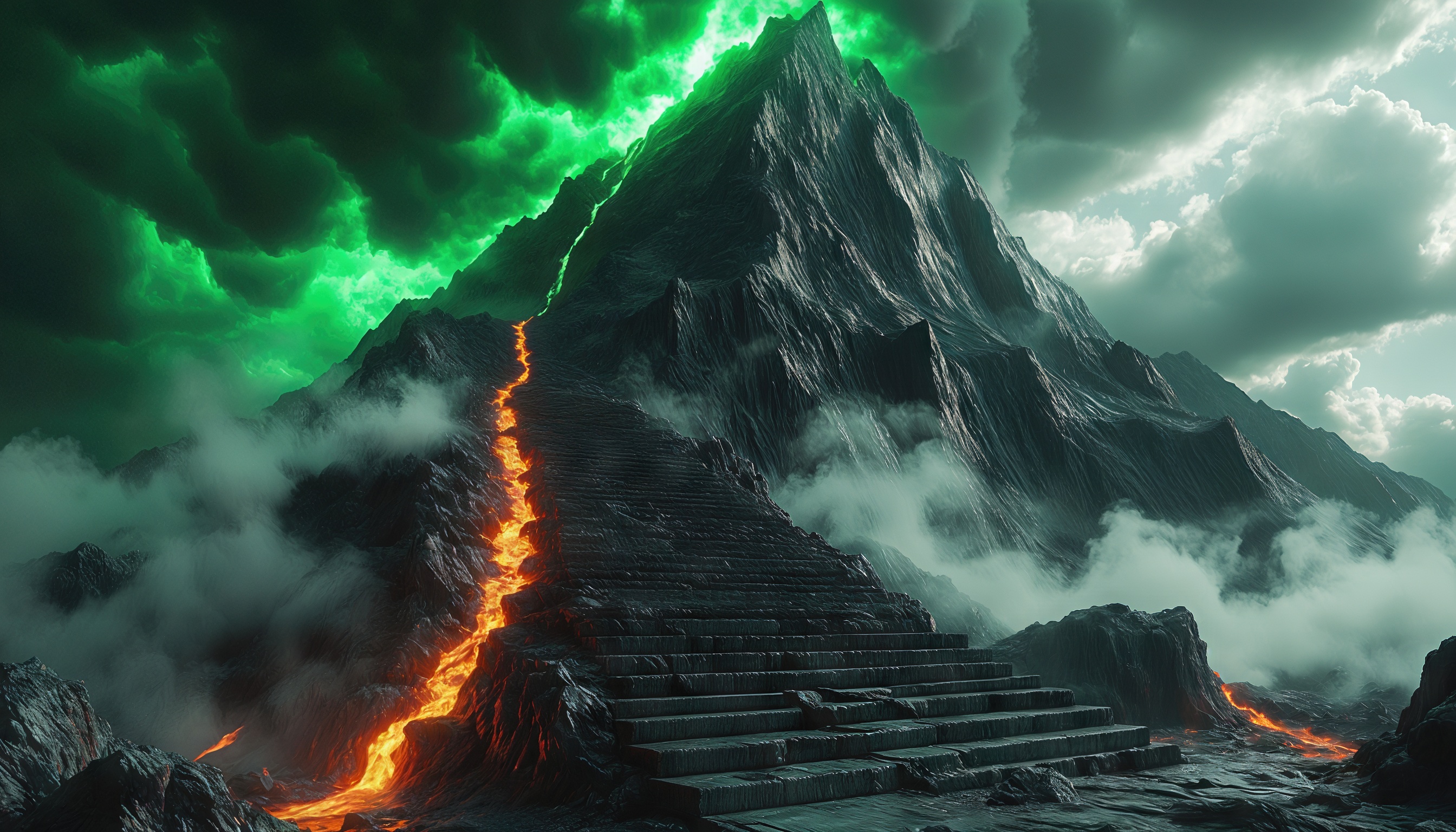 Бесплатное фото Мрачная гора с лавовой тропой, окутанная зелёными молниями и облаками.