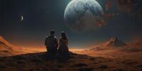 Два человека смотрят на планеты из-за скалы