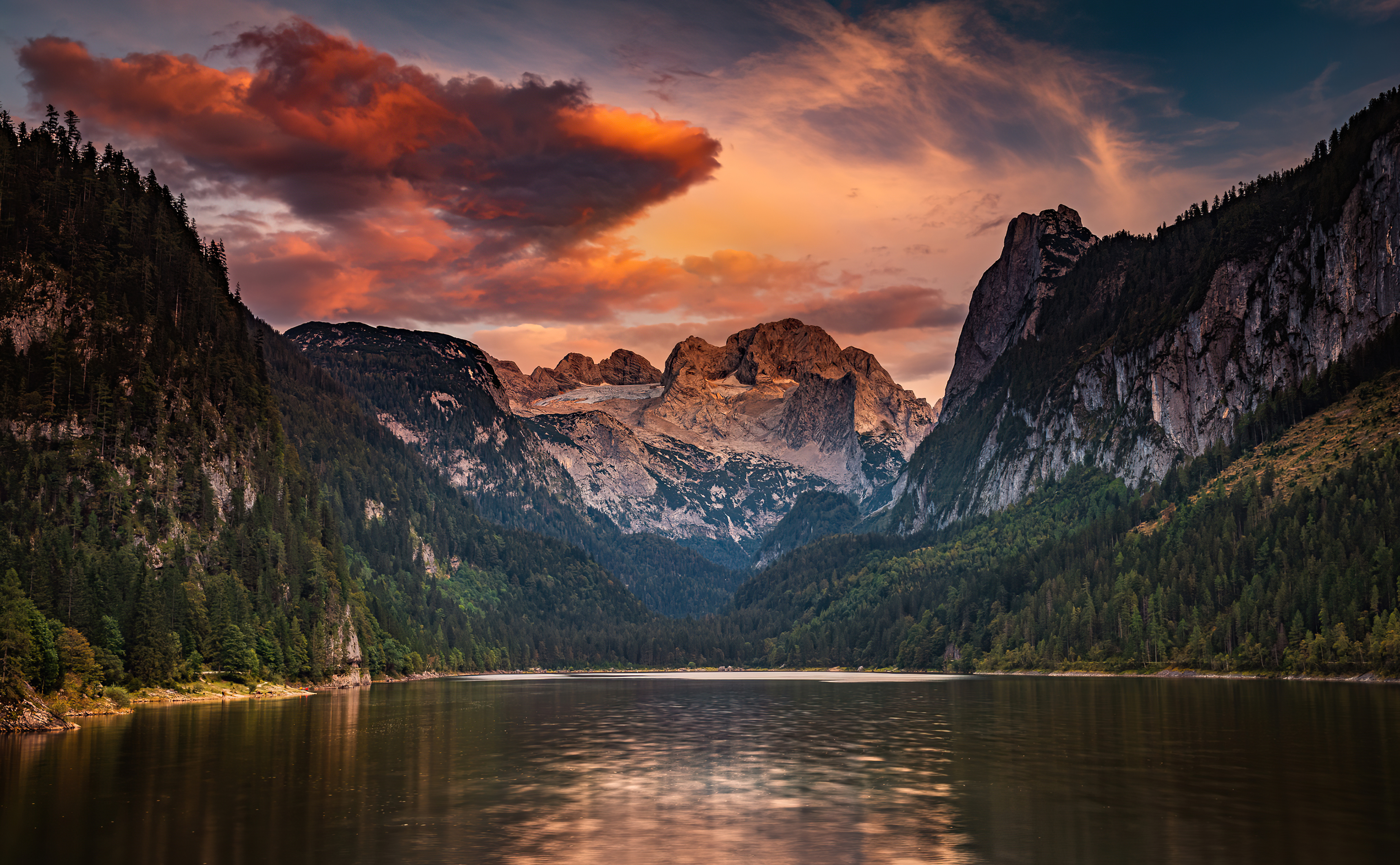 A lake among the rocks at sunset