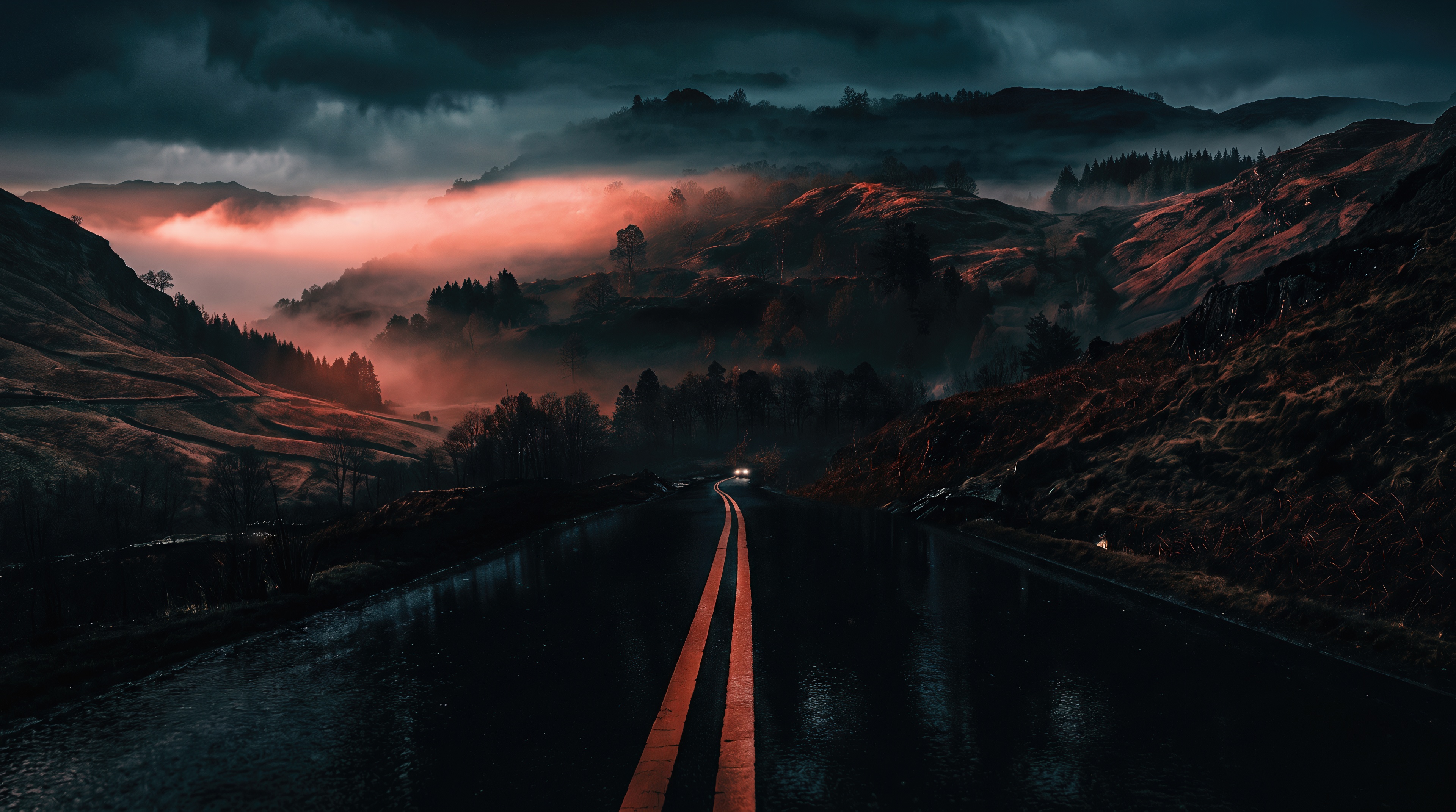Free photo A wet, empty road with orange markings leads to hills shrouded in thick sunset fog.