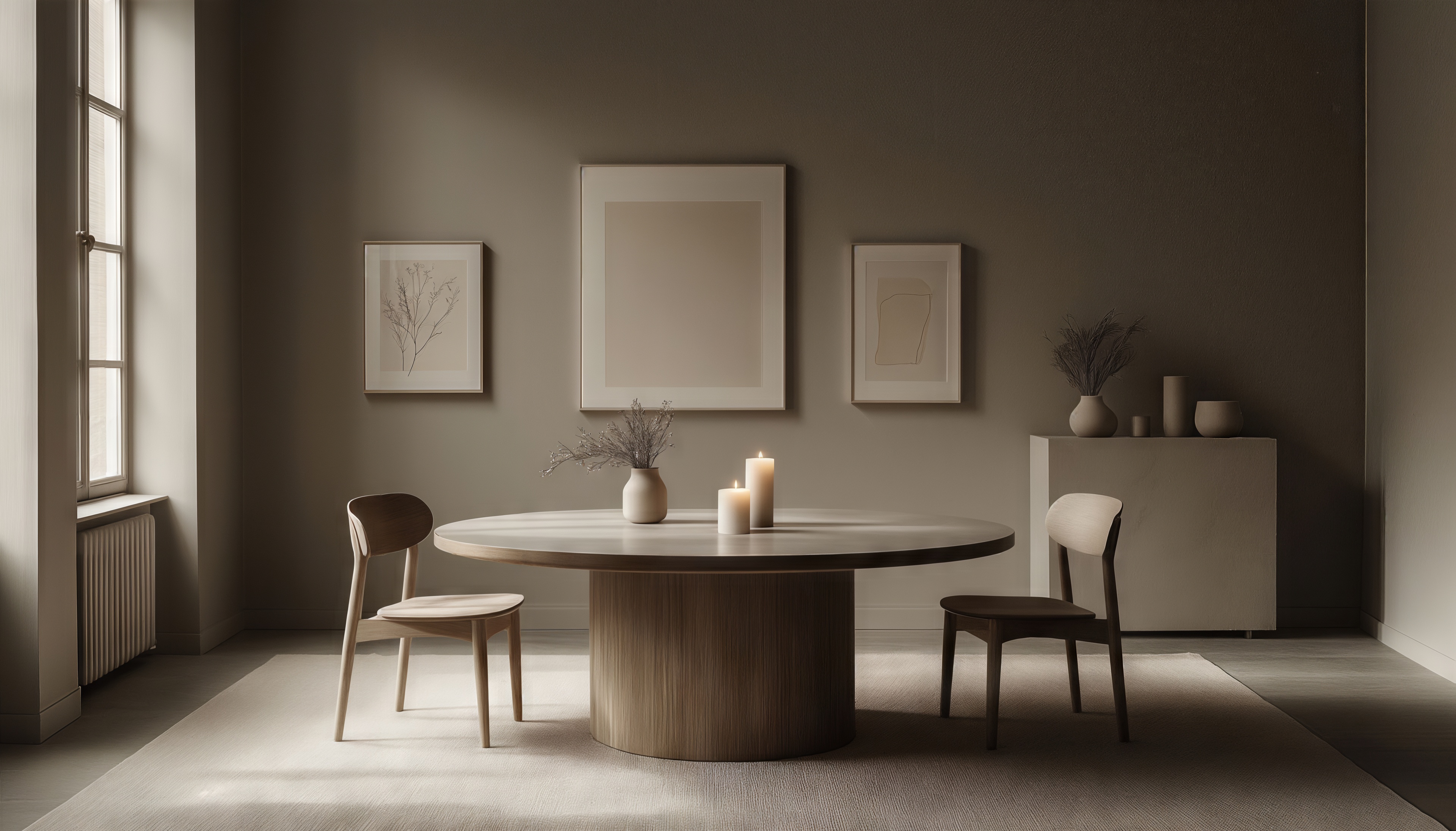 Бесплатное фото Спокойный минималистичный интерьер с круглым столом и двумя стульями у стены с картинами.