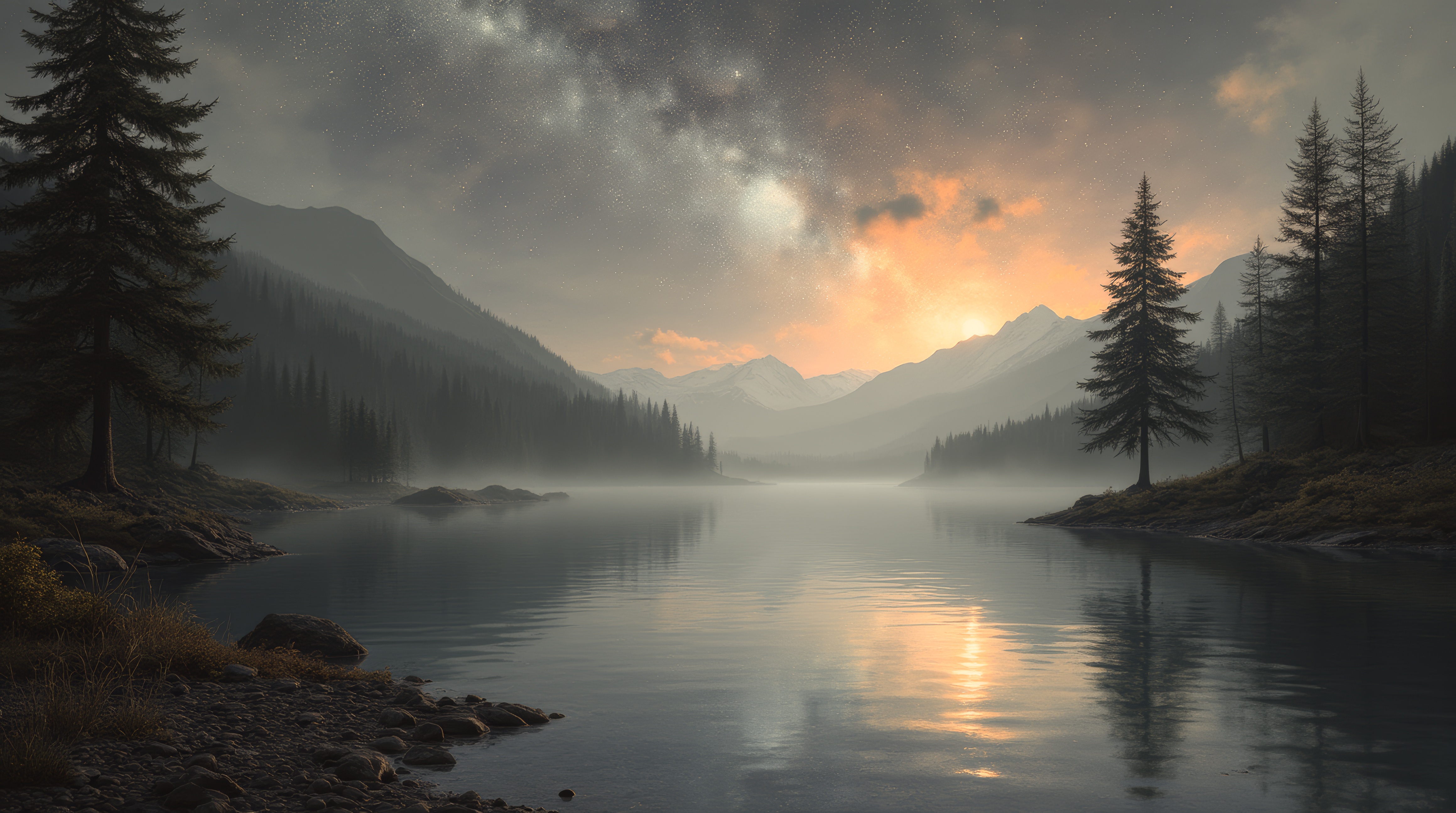 Бесплатное фото Озеро, окруженное лесом и горами с множеством звезд на них