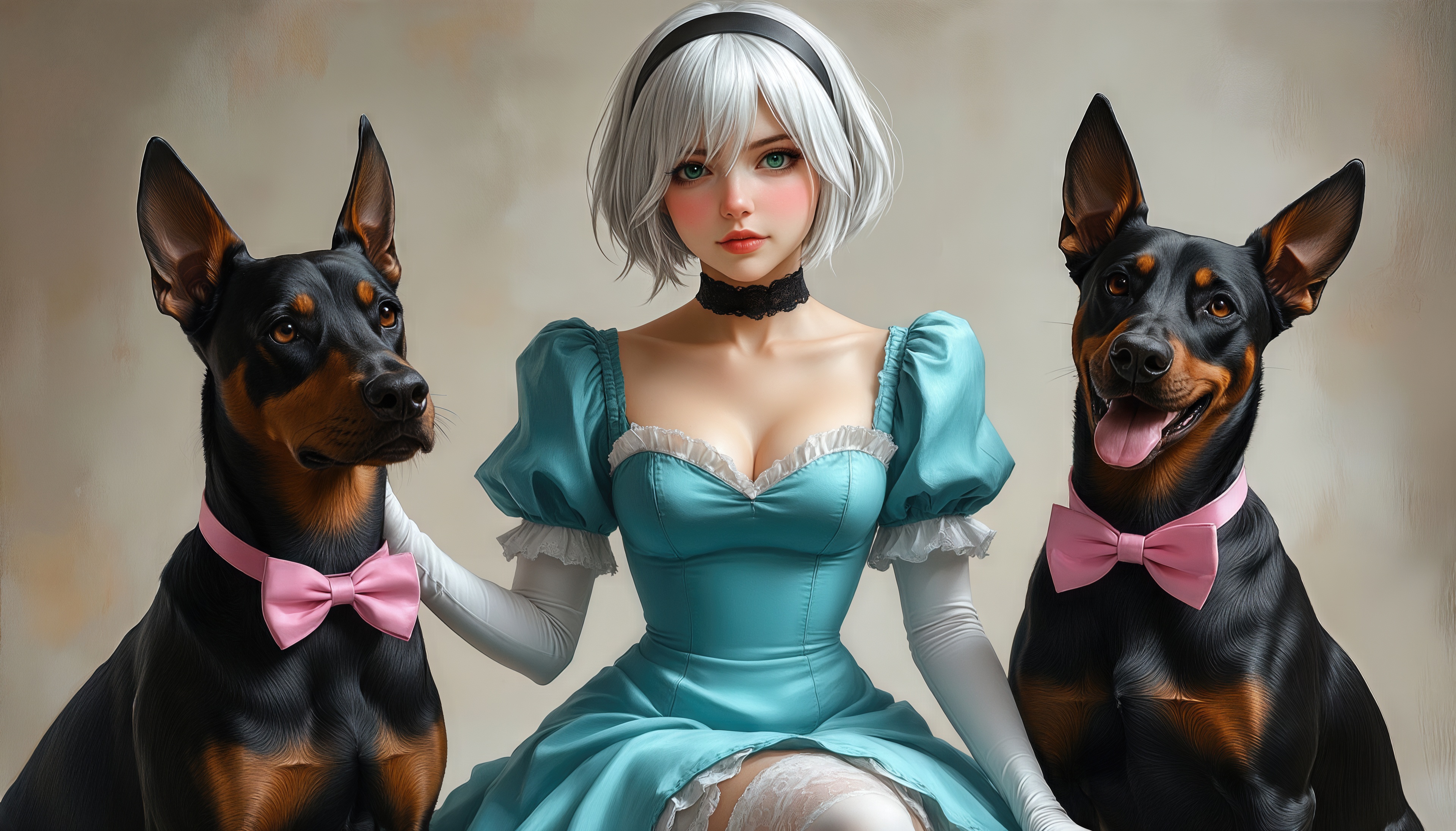 Free photo A girl with white hair in a turquoise dress with two Dobermans.