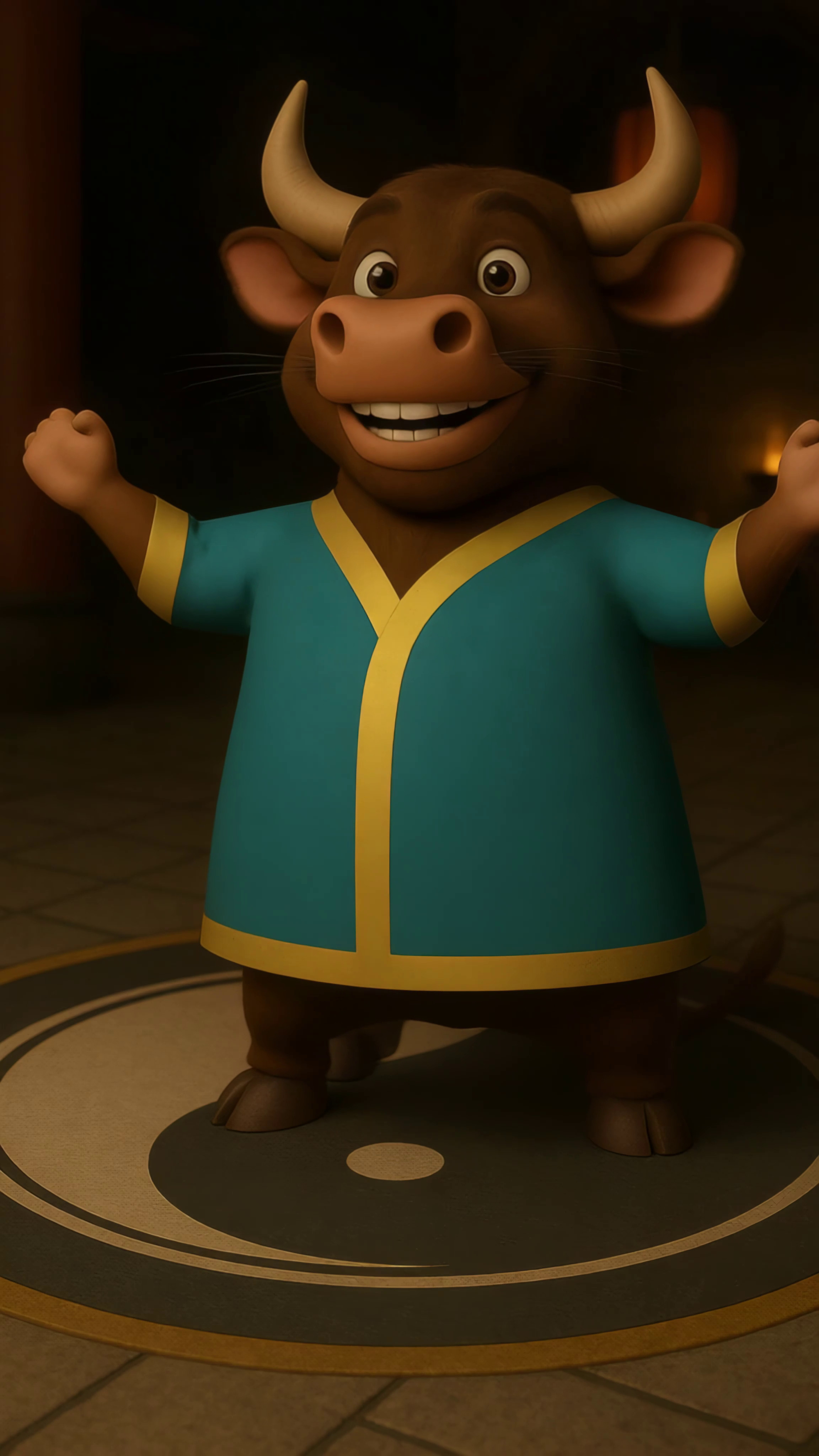 免费视频这一天的标志，是一头身着蓝绿色马具的公牛在欢庆生命。