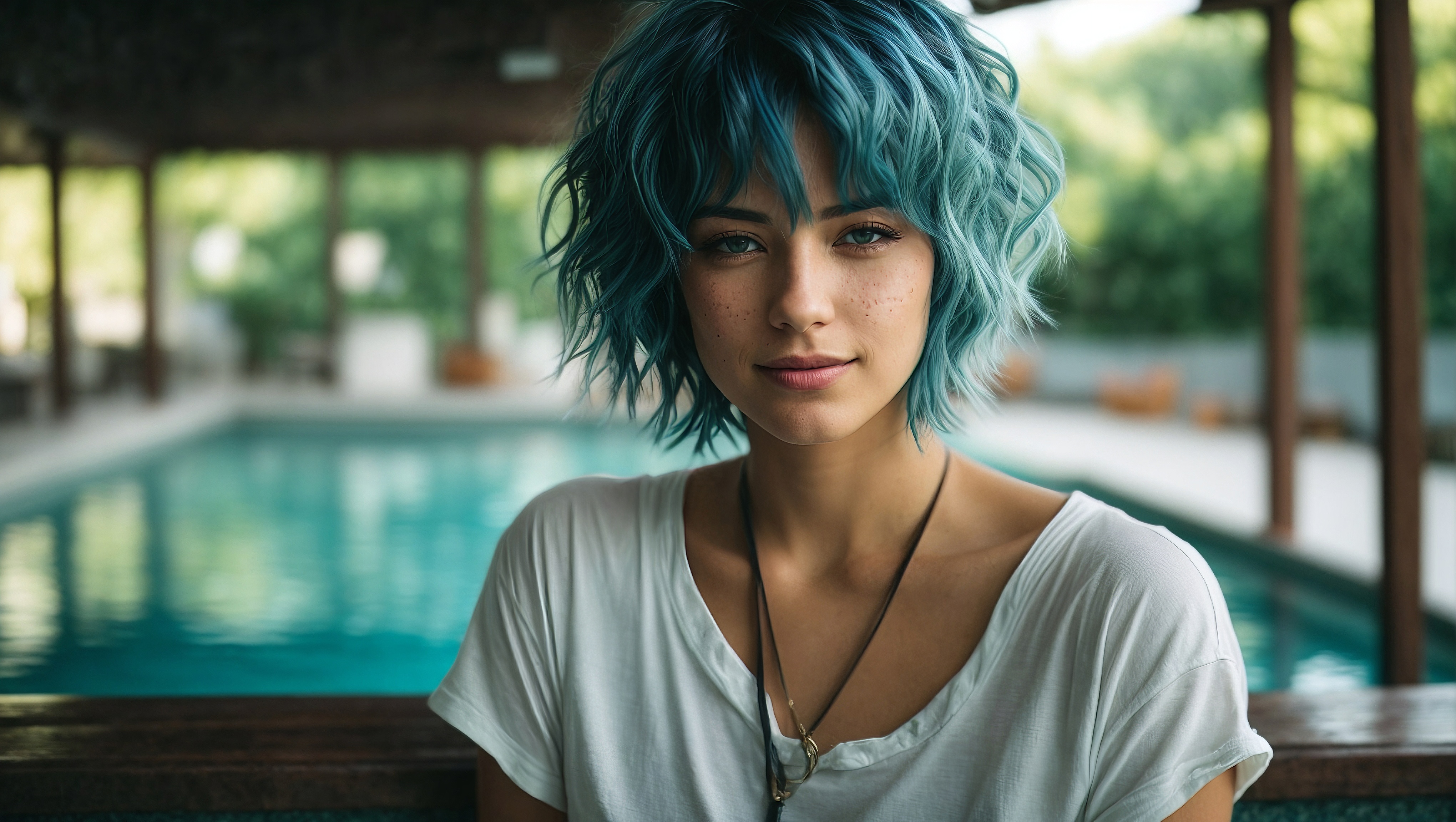 A woman with blue hair near a pool