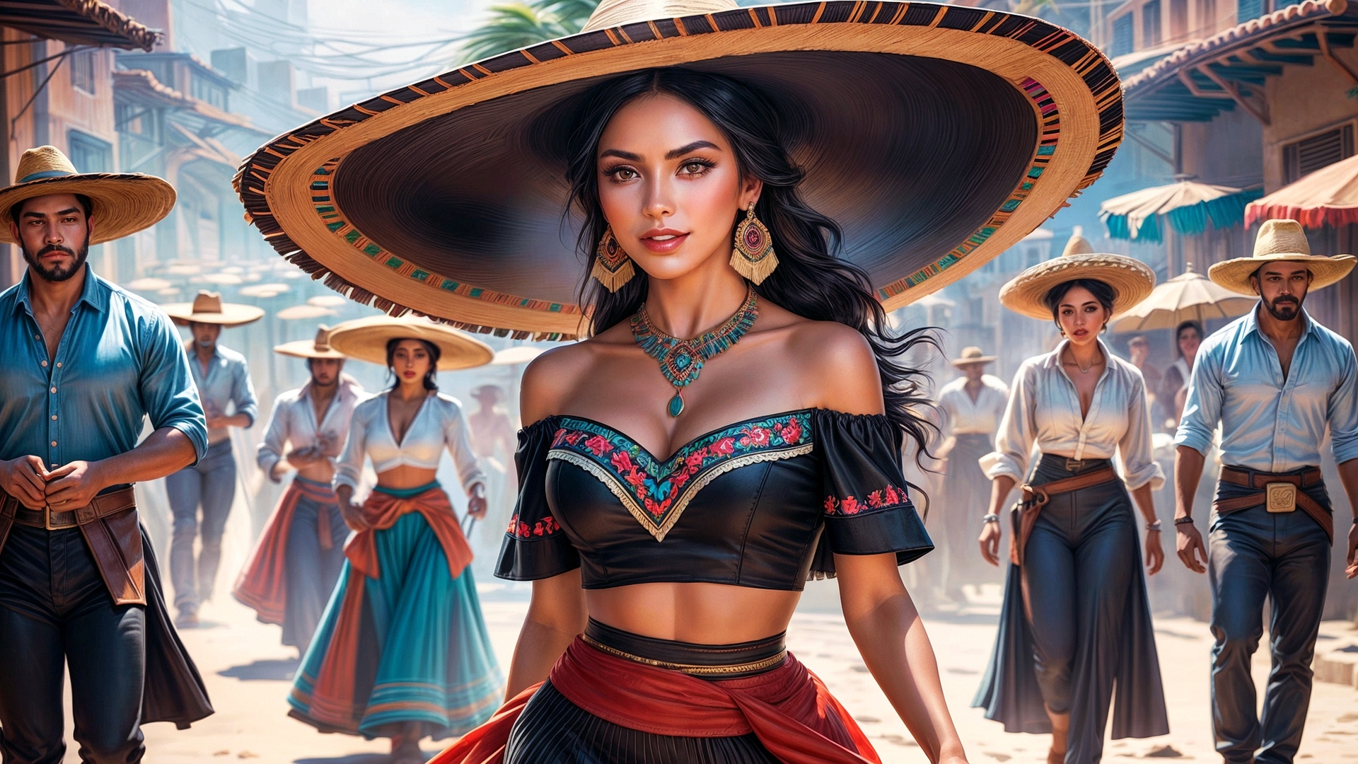 A girl in a big hat and a brightly colored suit walks down a city street