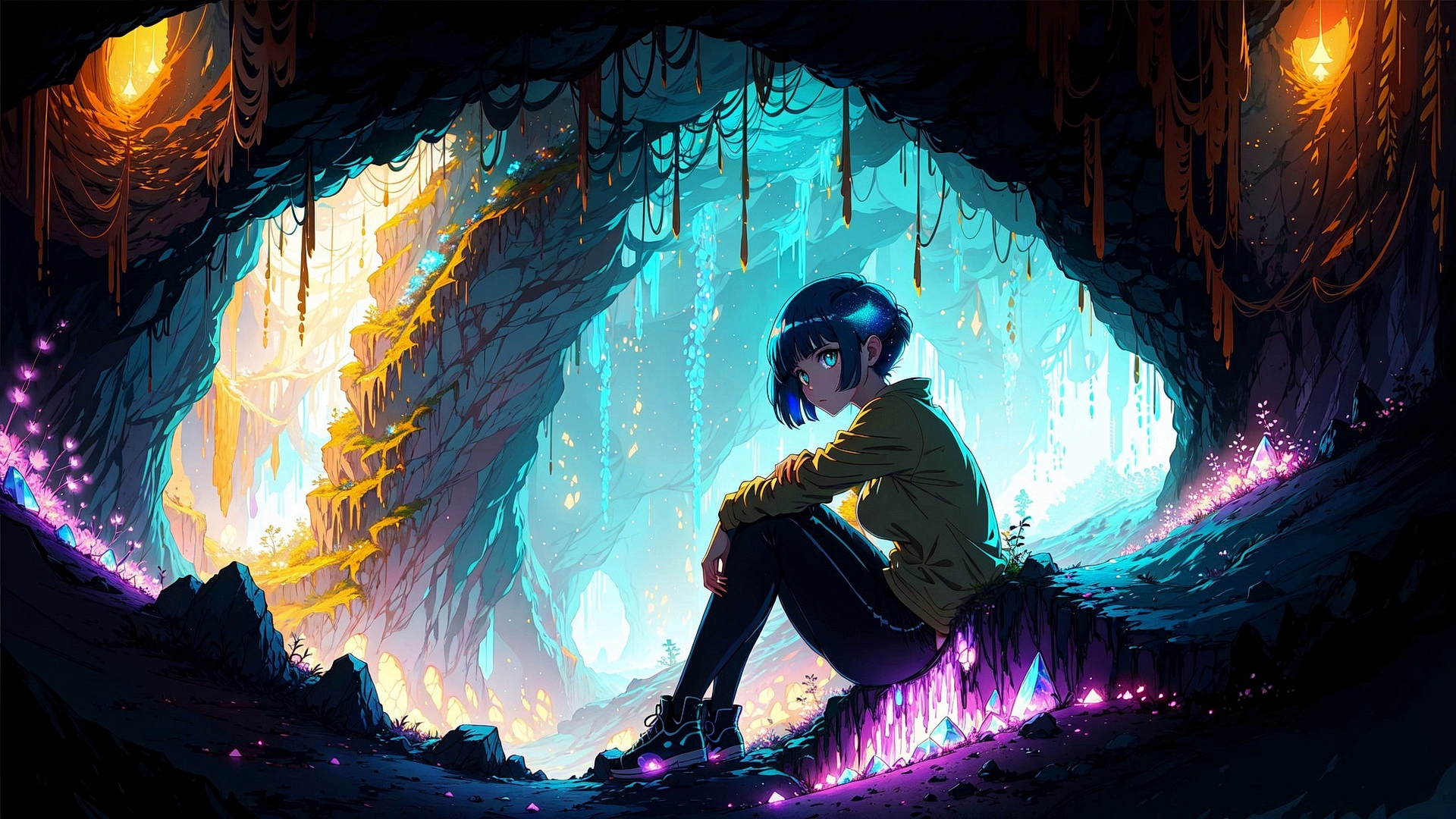 一个黑发女孩坐在山洞里的图画。