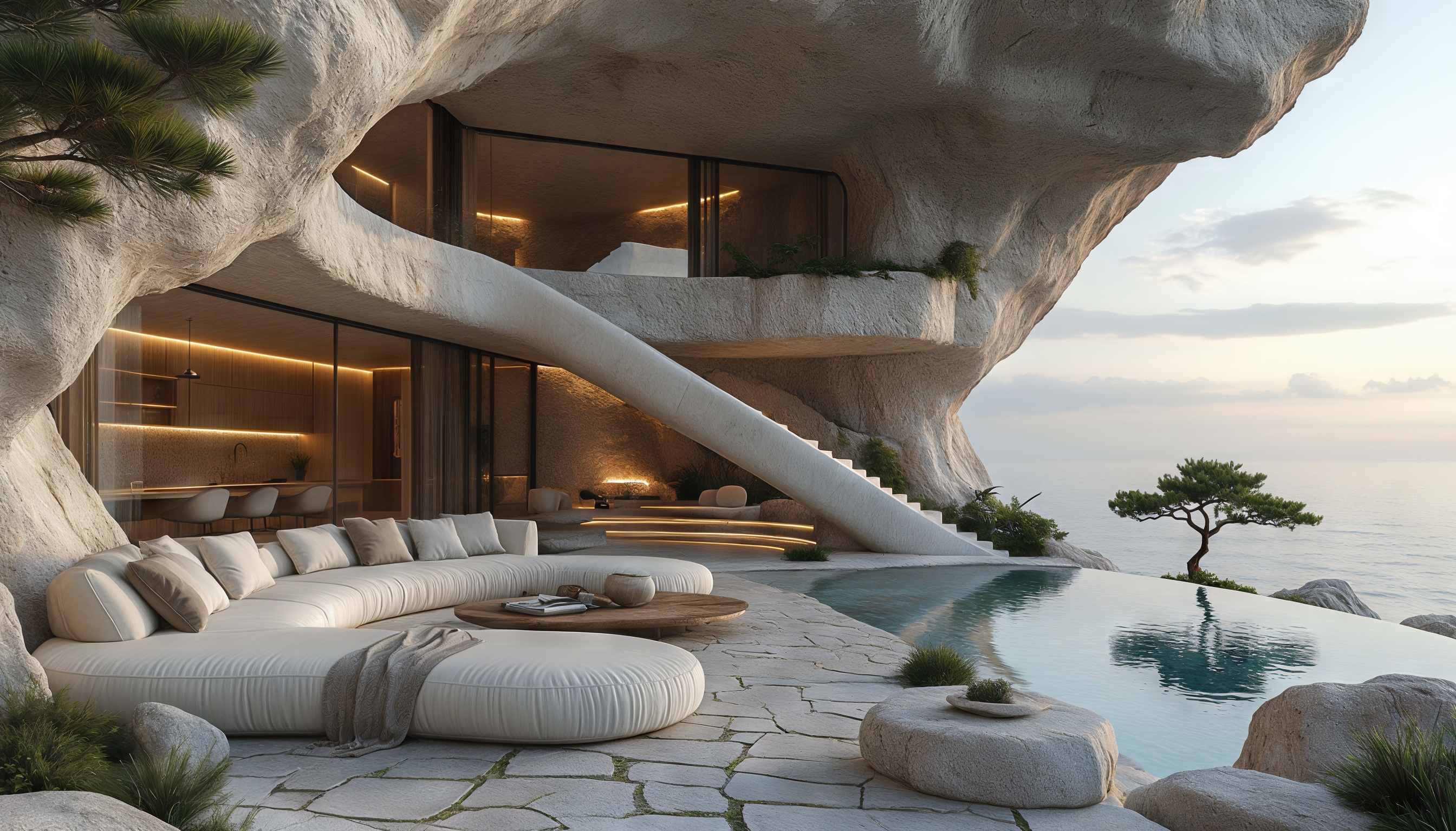 Бесплатное фото Современный дом с минималистичным дизайном, встроенный в скалу на побережье, с открытым интерьером и бассейном.