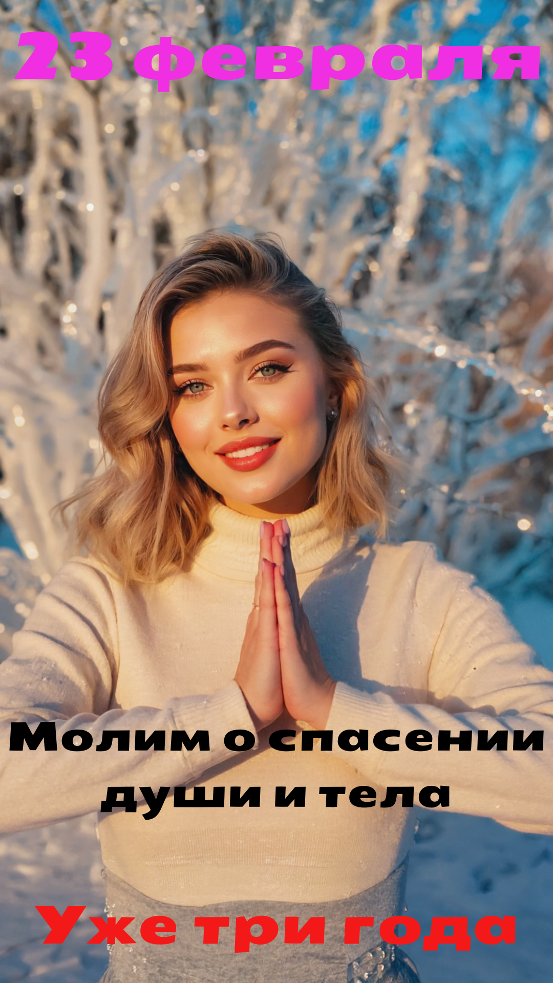 Бесплатная открытка Поздравительная открытка с 23 февраля, девушка молит о спасении души и тела уже три года