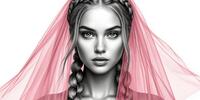 Девушка с длинными темными косами и розовой фатой, выражающая спокойствие и уверенность.