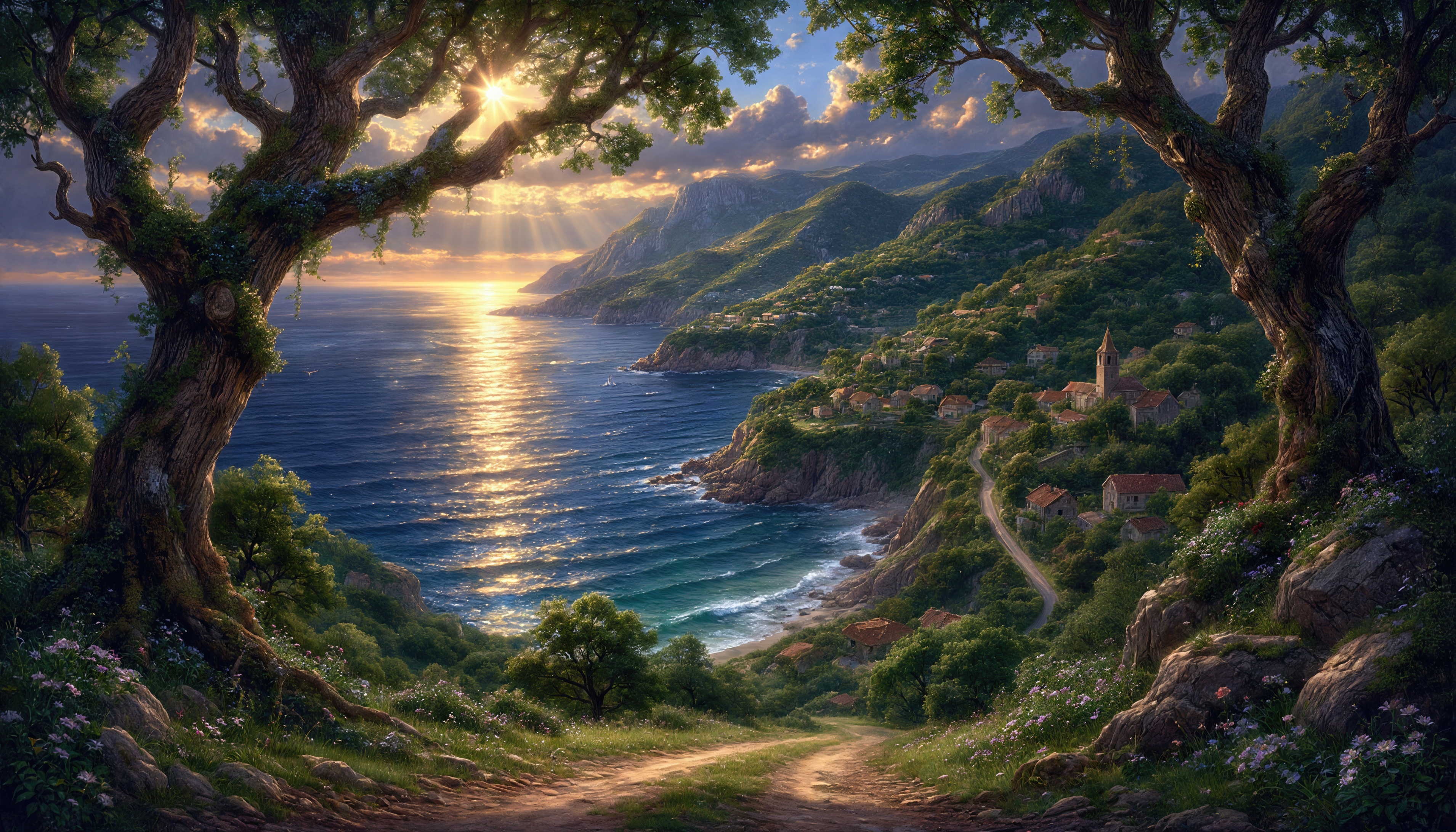 Бесплатное фото Волшебный пейзаж с тропинкой, ведущей к морю, и поселком вдалеке, вдохновленный сказкой Пушкина.
