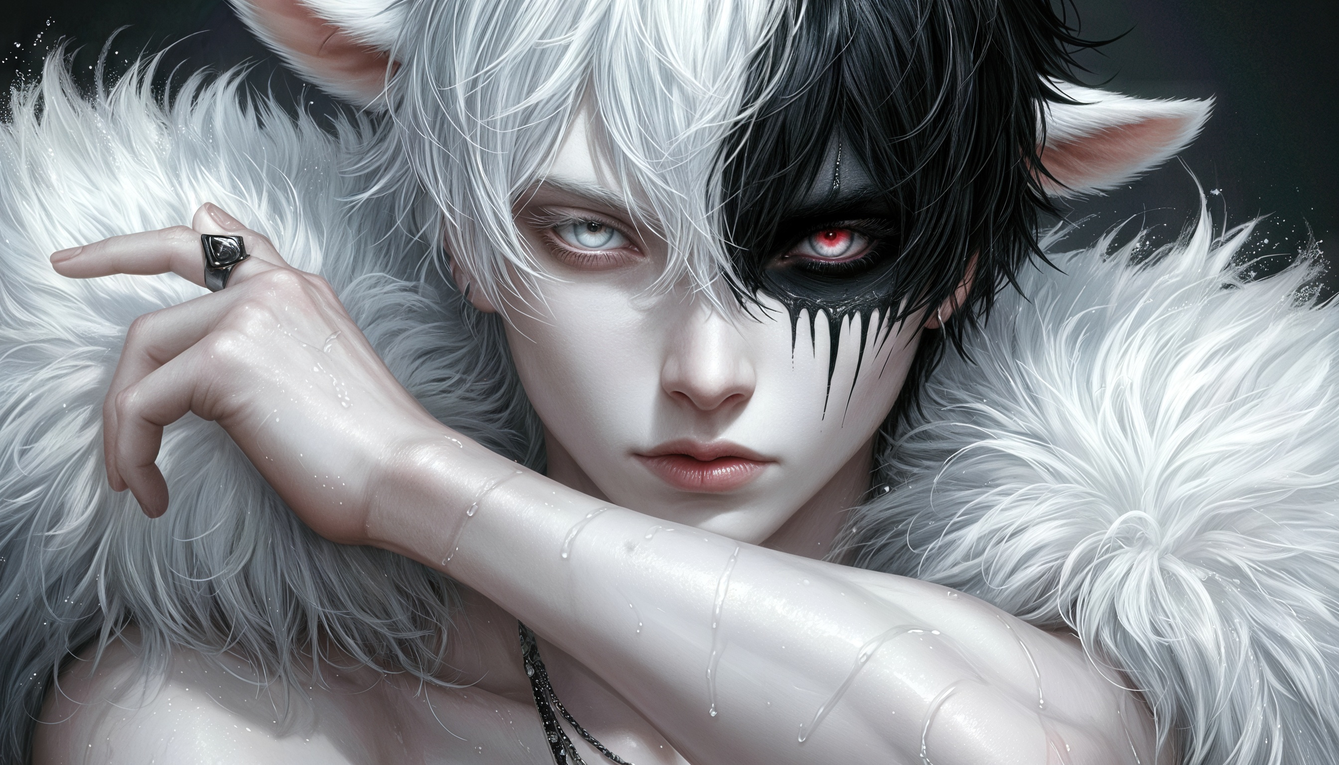 Бесплатное фото Сатир с ушами, бледной кожей, чёрным пятном и красными глазами.